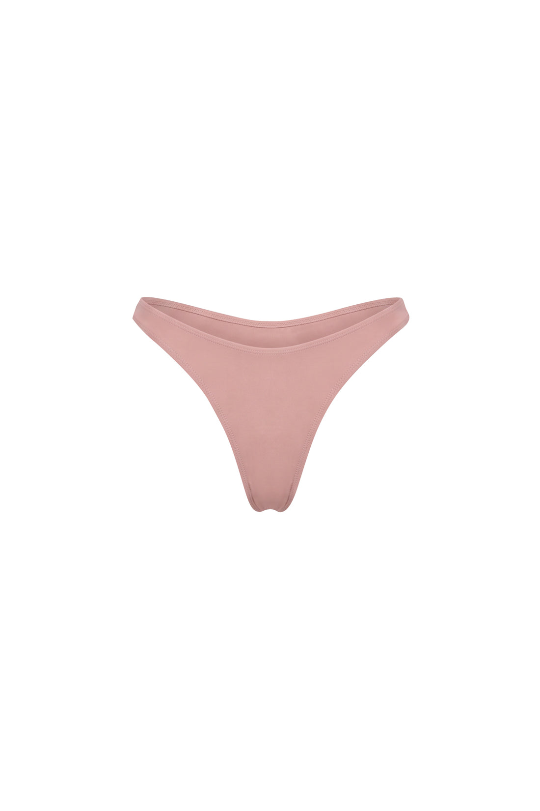 A pair of low-rise, thong-style bikini bottoms in a dusty rose pink color, shown flat against a solid white background.
