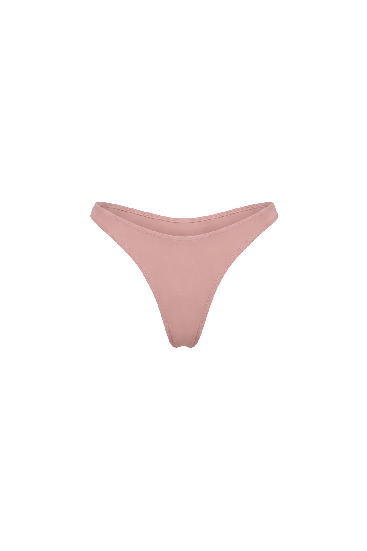 A pair of low-rise, thong-style bikini bottoms in a dusty rose pink color, shown flat against a solid white background.