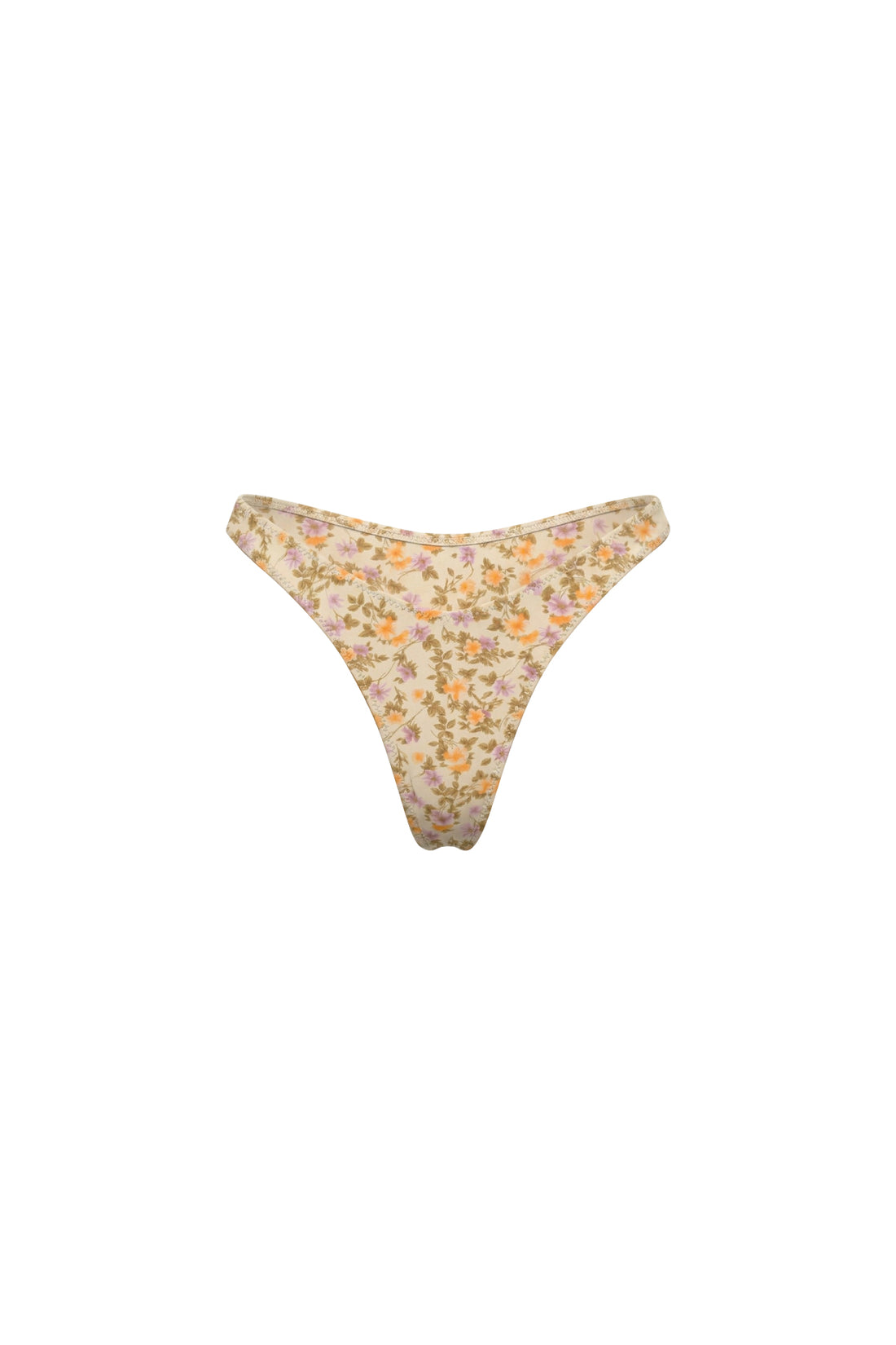 A pair of women's bikini bottoms featuring a dense, small-scale floral print on a light beige base, with yellow, orange, and green tones.