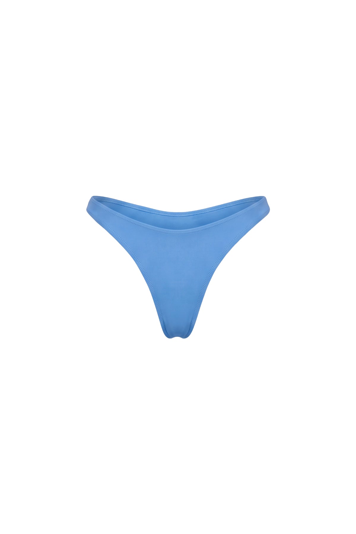 A pair of light blue bikini bottoms shown flat against a solid white background.