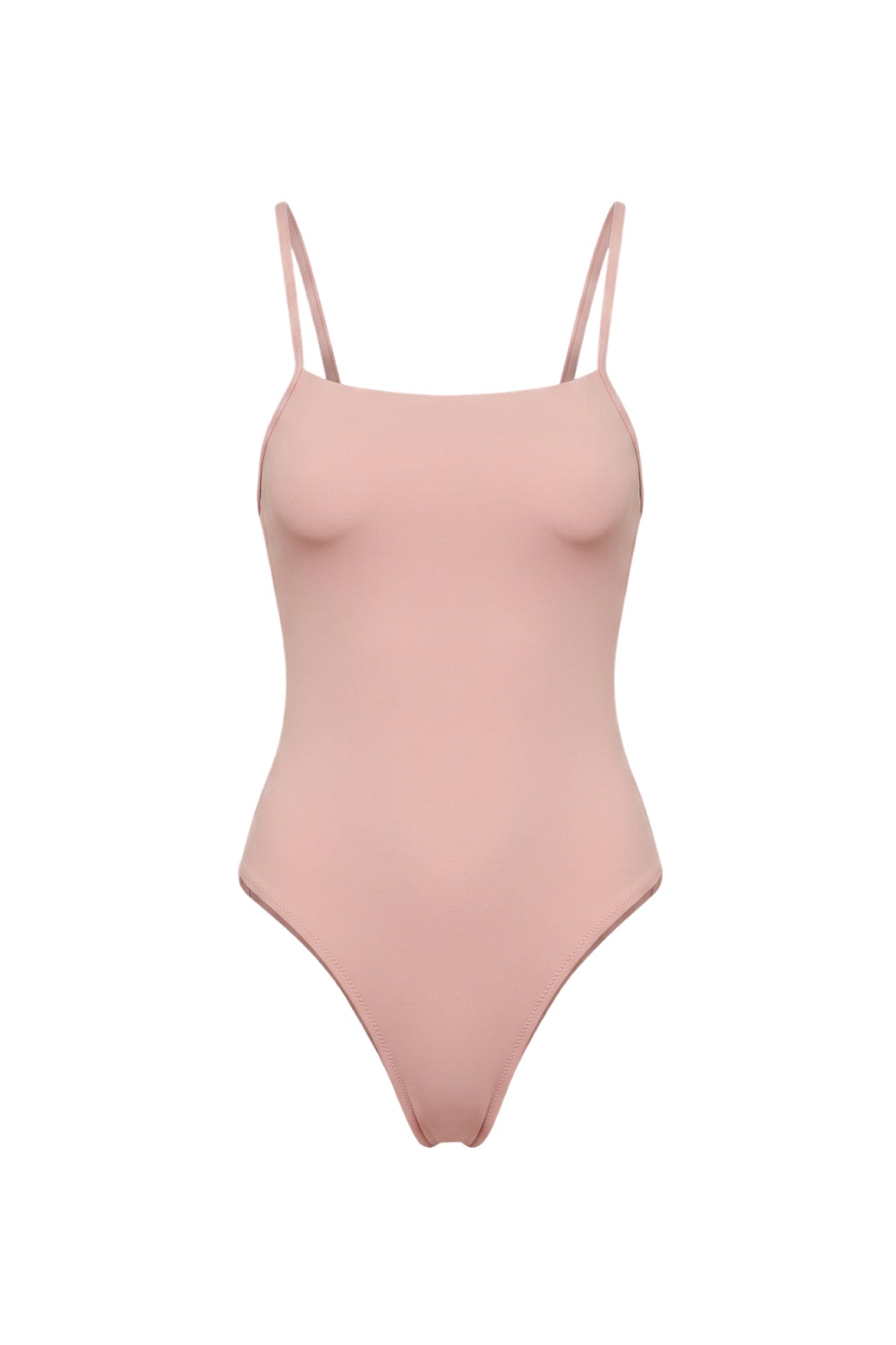 A dusty pink one-piece swimsuit with thin spaghetti straps, displayed on a clean white background.