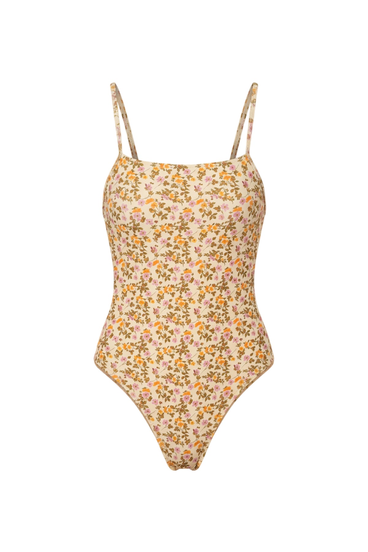 A one-piece swimsuit with a dense small floral print on a light beige base, featuring thin spaghetti straps and a scoop neckline, shown against a plain white background.