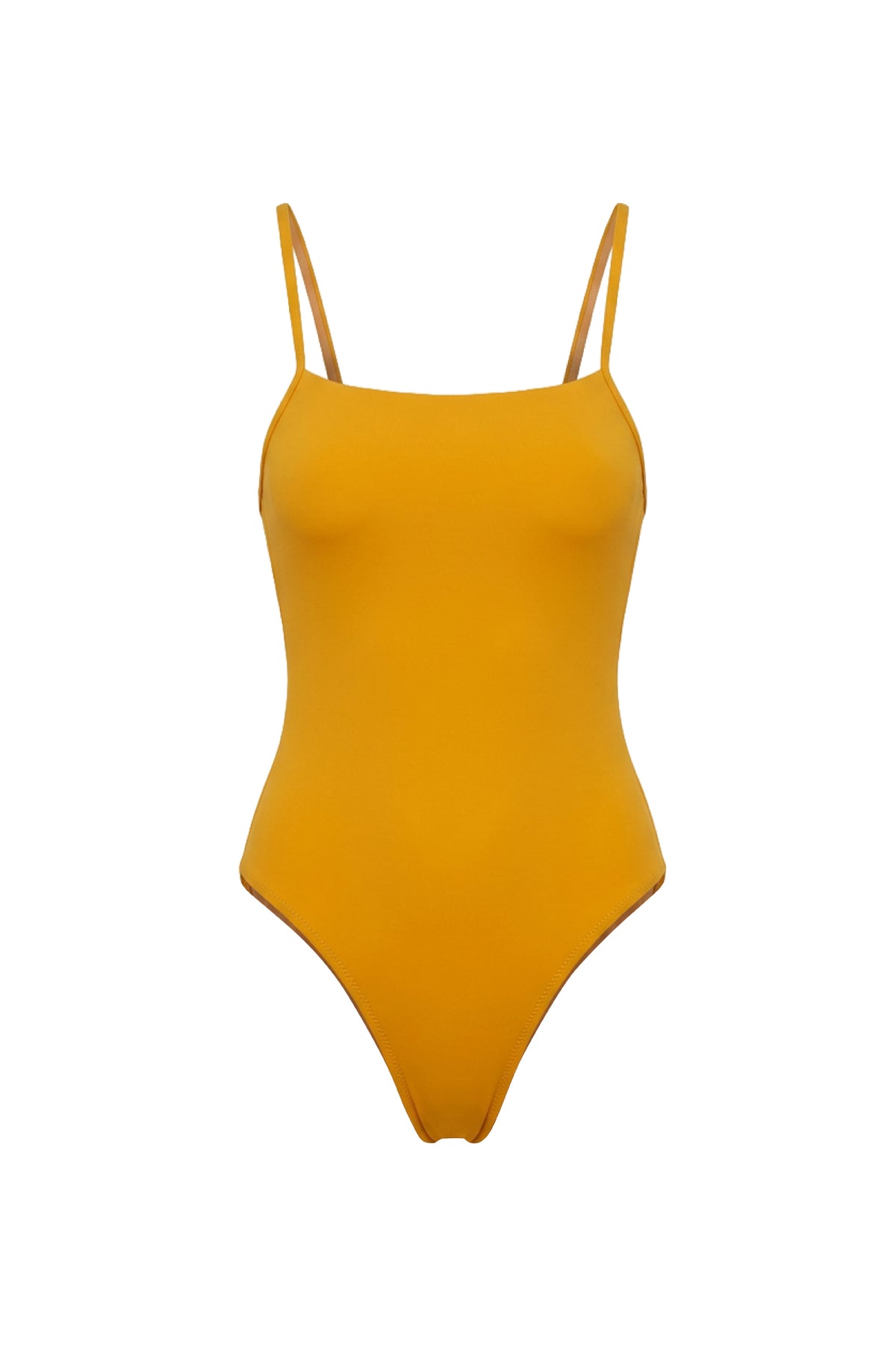 A mustard yellow one-piece swimsuit with thin shoulder straps, displayed against a solid white background.