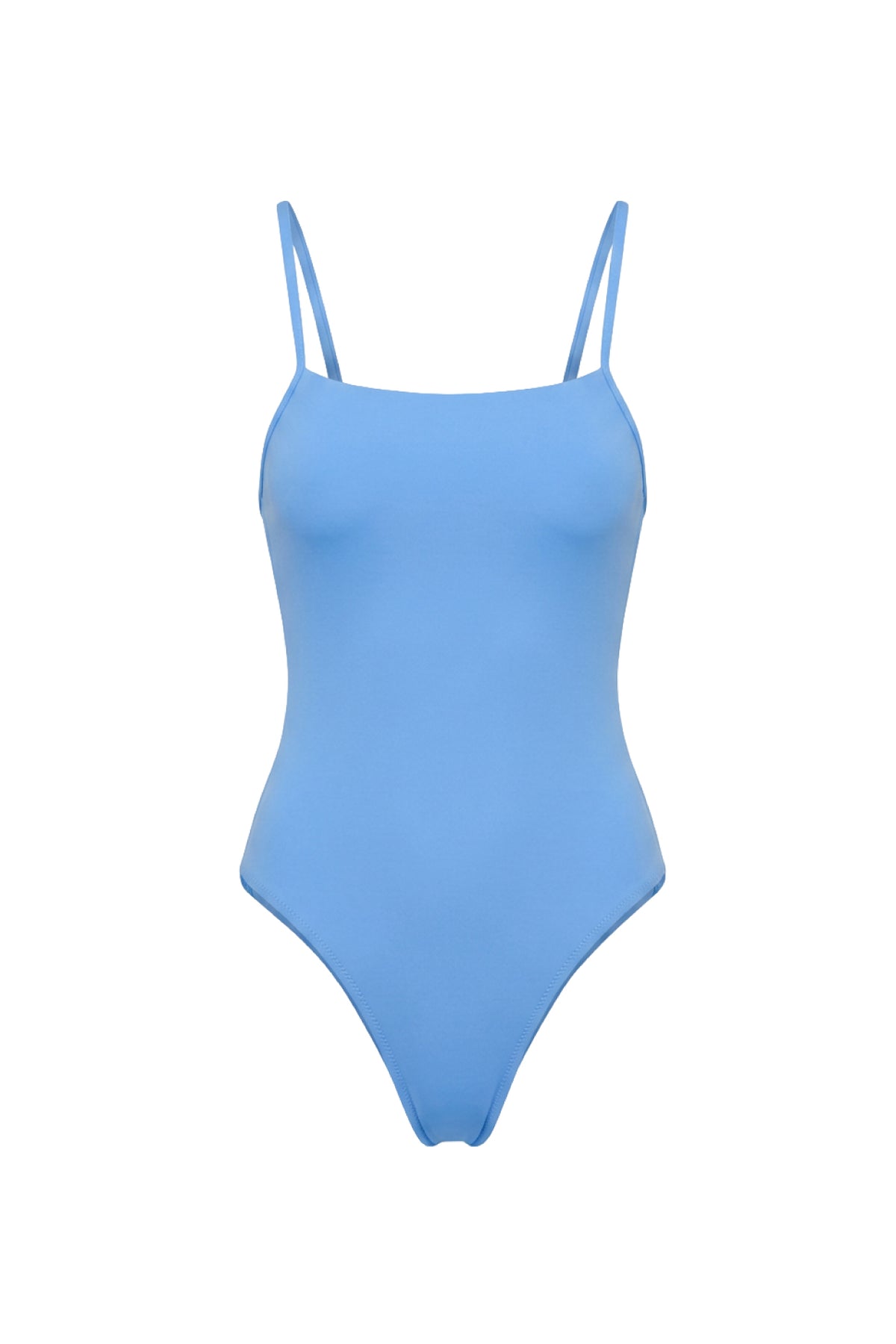 A light blue one-piece swimsuit with thin shoulder straps, displayed against a solid white background.