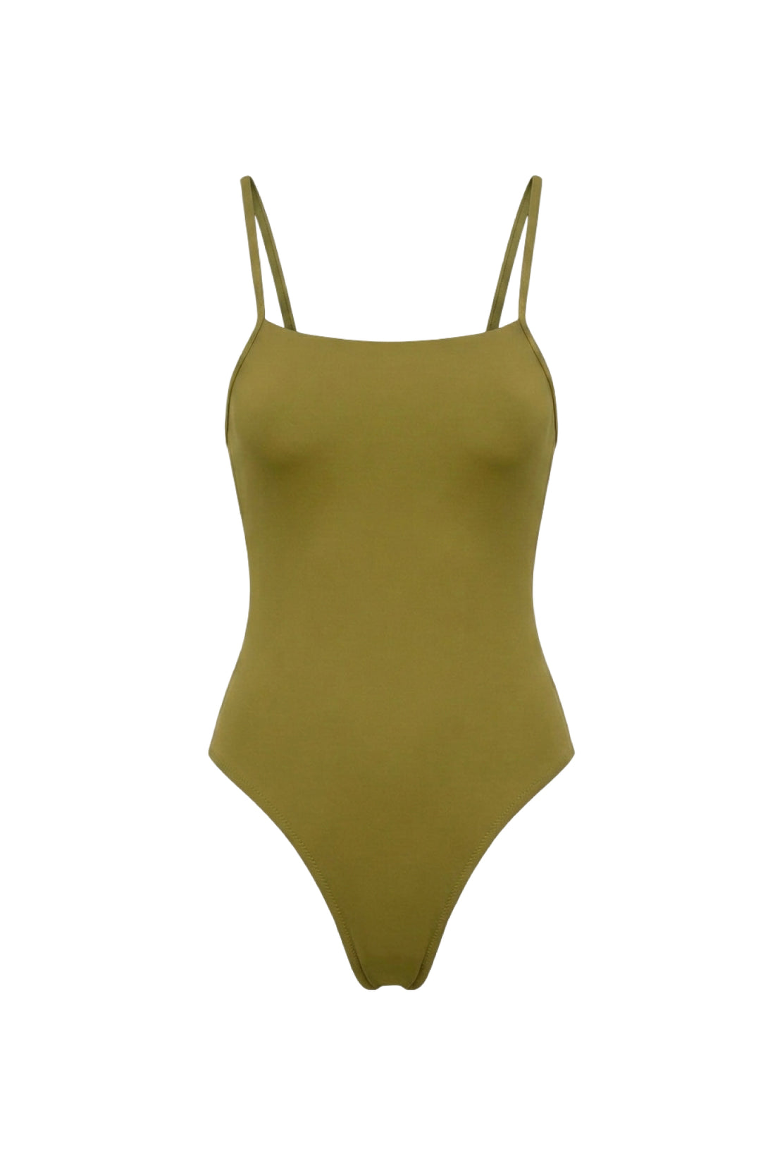 An olive green one-piece swimsuit with thin spaghetti straps, displayed on a clean white background.