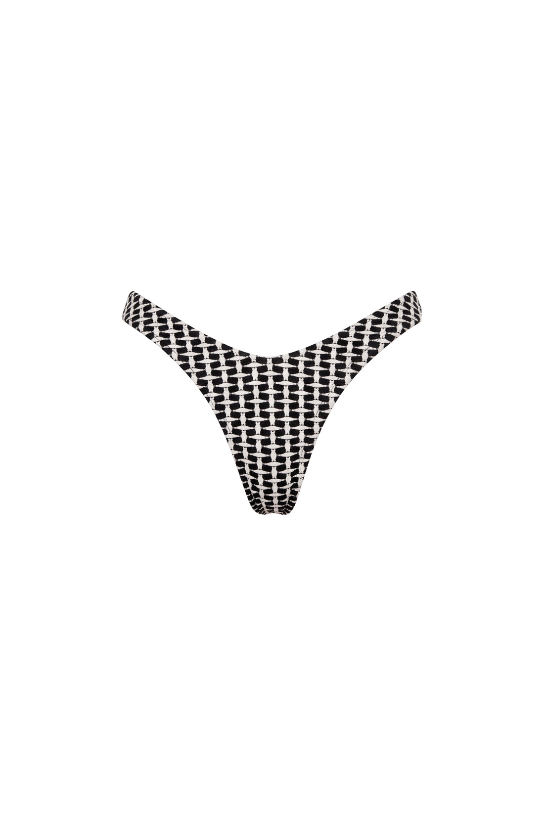 Black and white patterned thong bikini bottom with a woven basketweave design, shown flat on a solid white background.