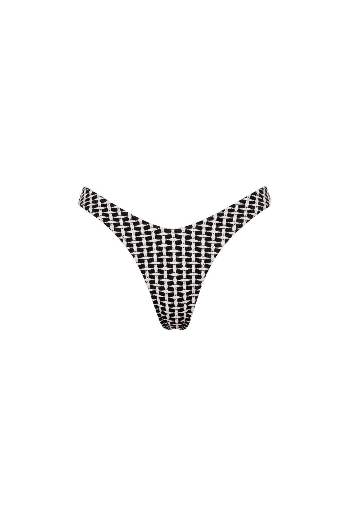 Black and white patterned thong bikini bottom with a woven basketweave design, shown flat on a solid white background.