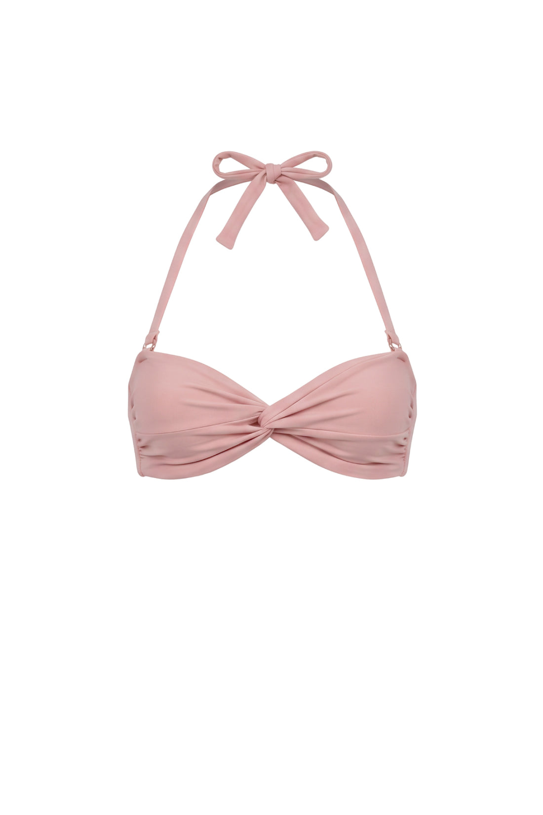A dusty pink halter bikini top with a front twist detail, shown against a plain white background.