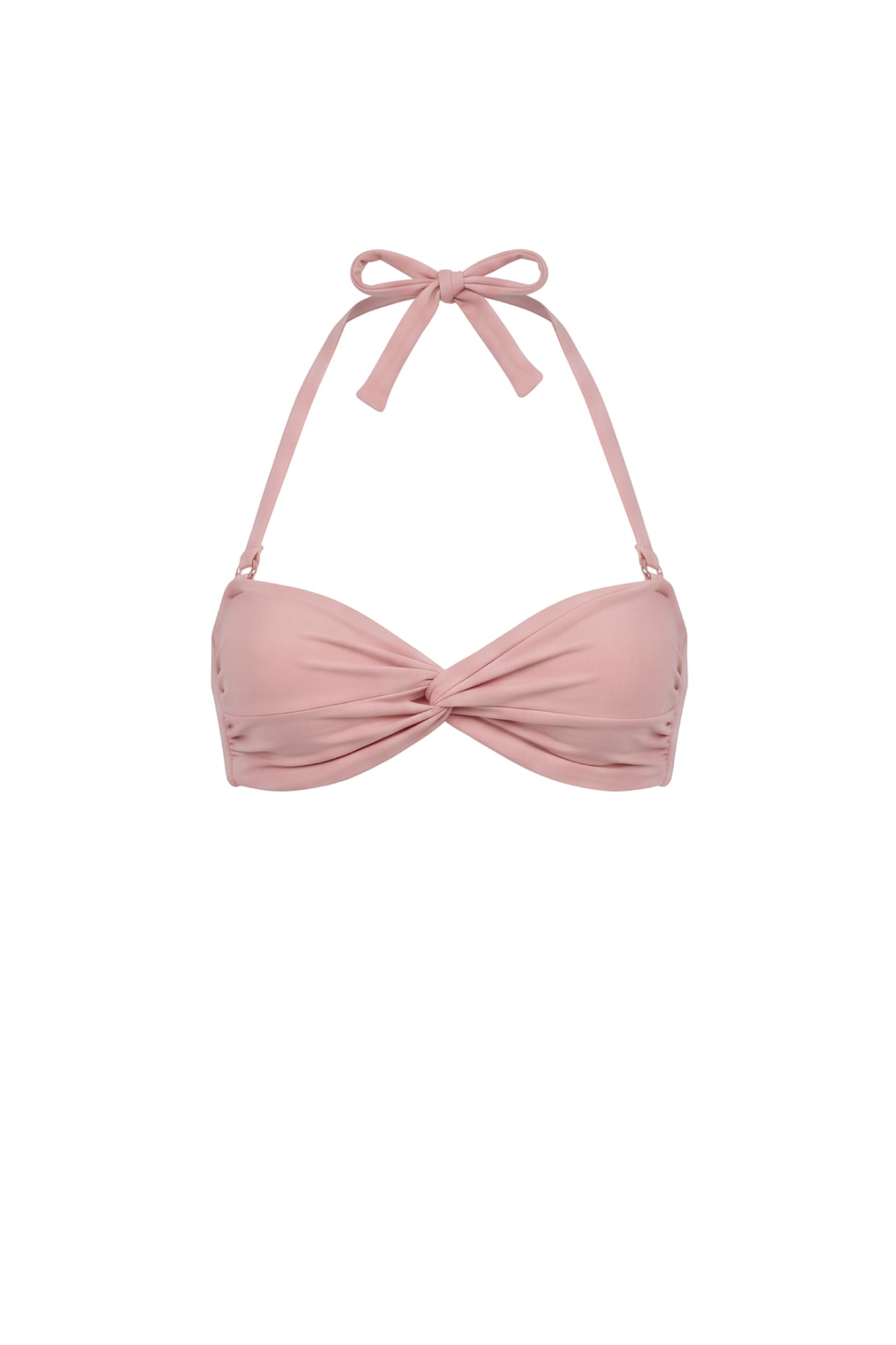 A dusty pink halter bikini top with a front twist detail, shown against a plain white background.