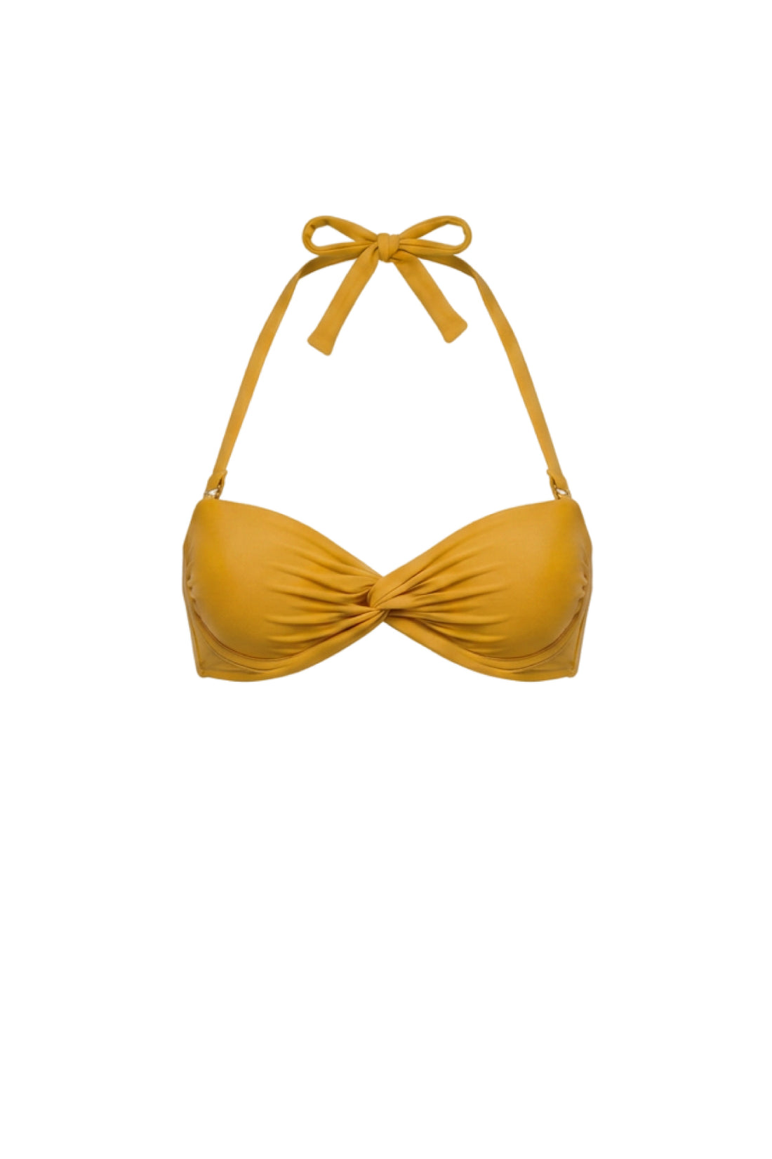 A mustard yellow halter bikini top with a front twist detail, shown against a plain white background.