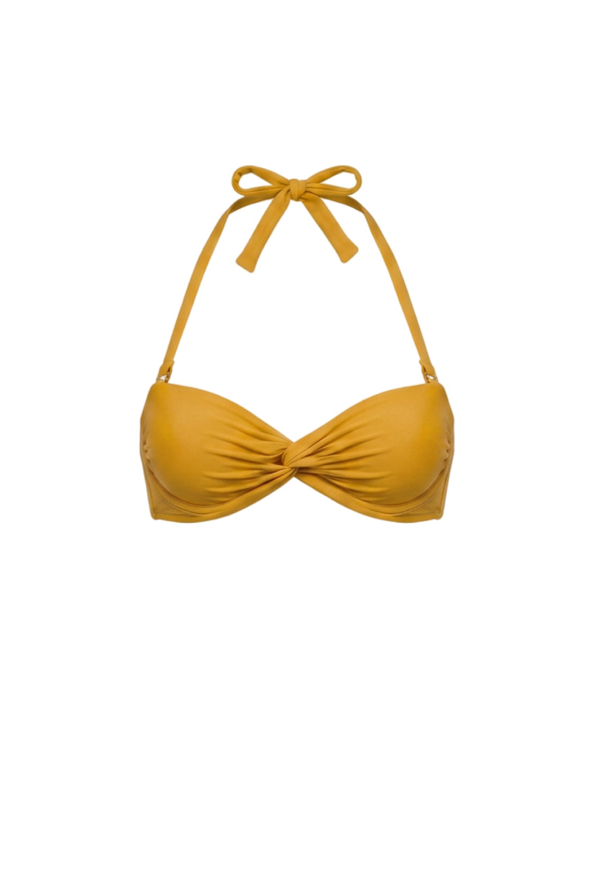A mustard yellow halter bikini top with a front twist detail, shown against a plain white background.