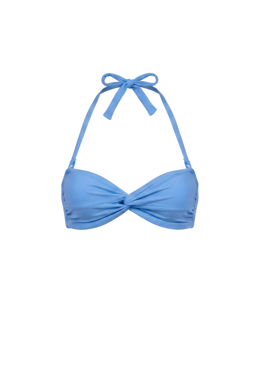 A light blue halter bikini top with a front twist detail, shown against a plain white background.
