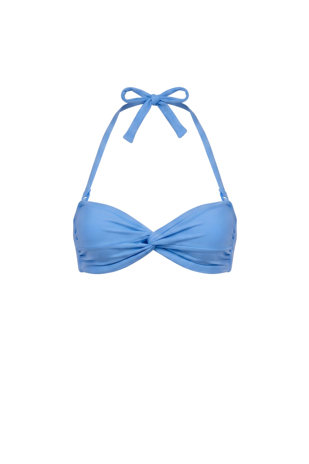 A light blue halter bikini top with a front twist detail, shown against a plain white background.