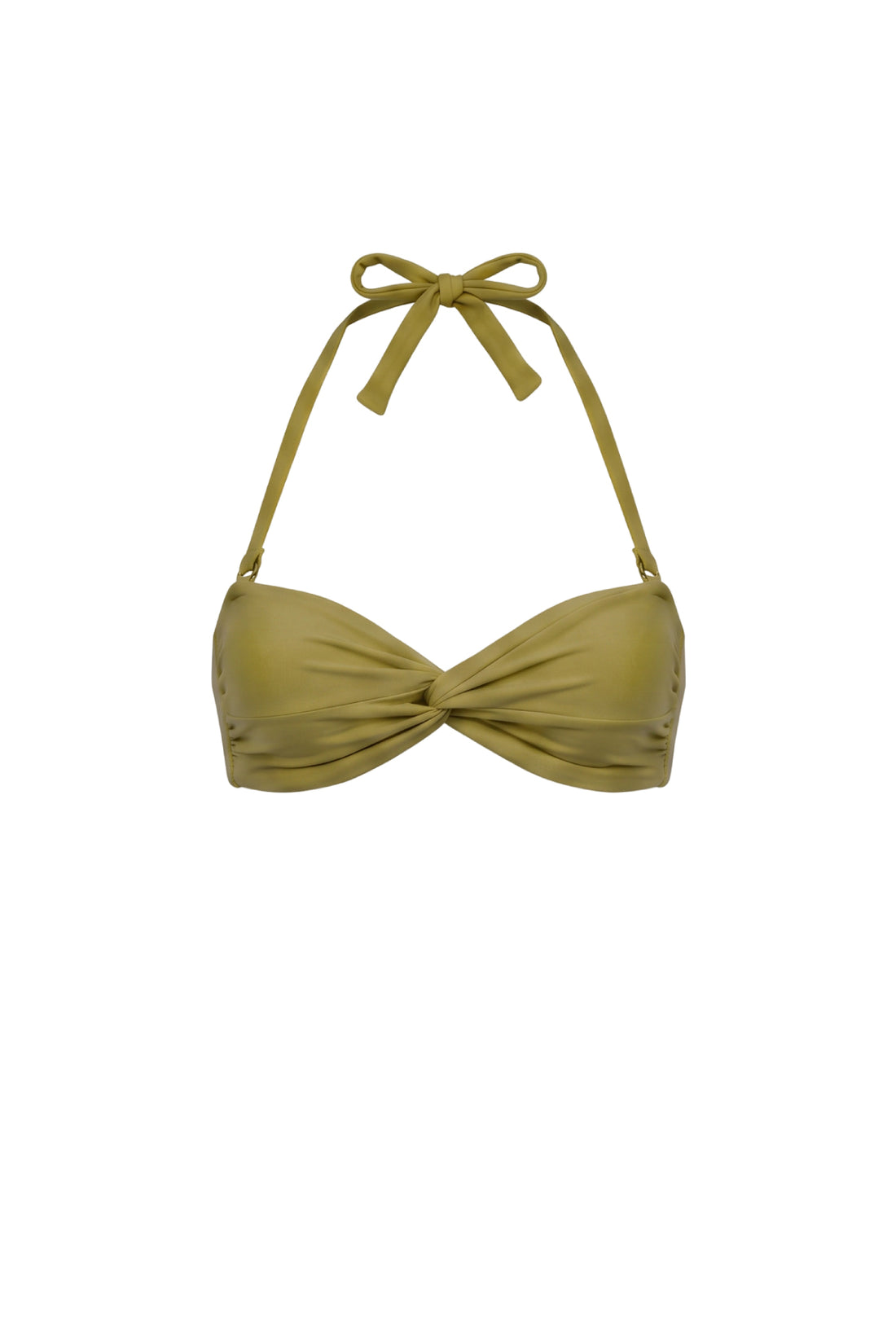 An olive green halter bikini top with a front twist detail, shown against a plain white background.