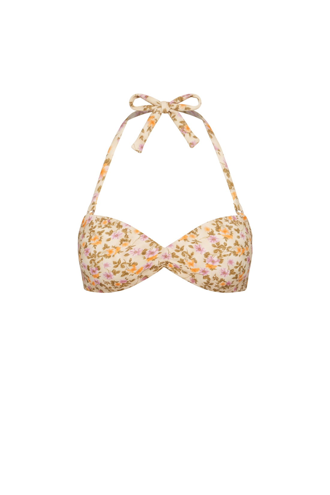 A floral halter bikini top with a tie-neck design, featuring a light beige base with a delicate pink, yellow, and green floral pattern, shown against a plain white background.