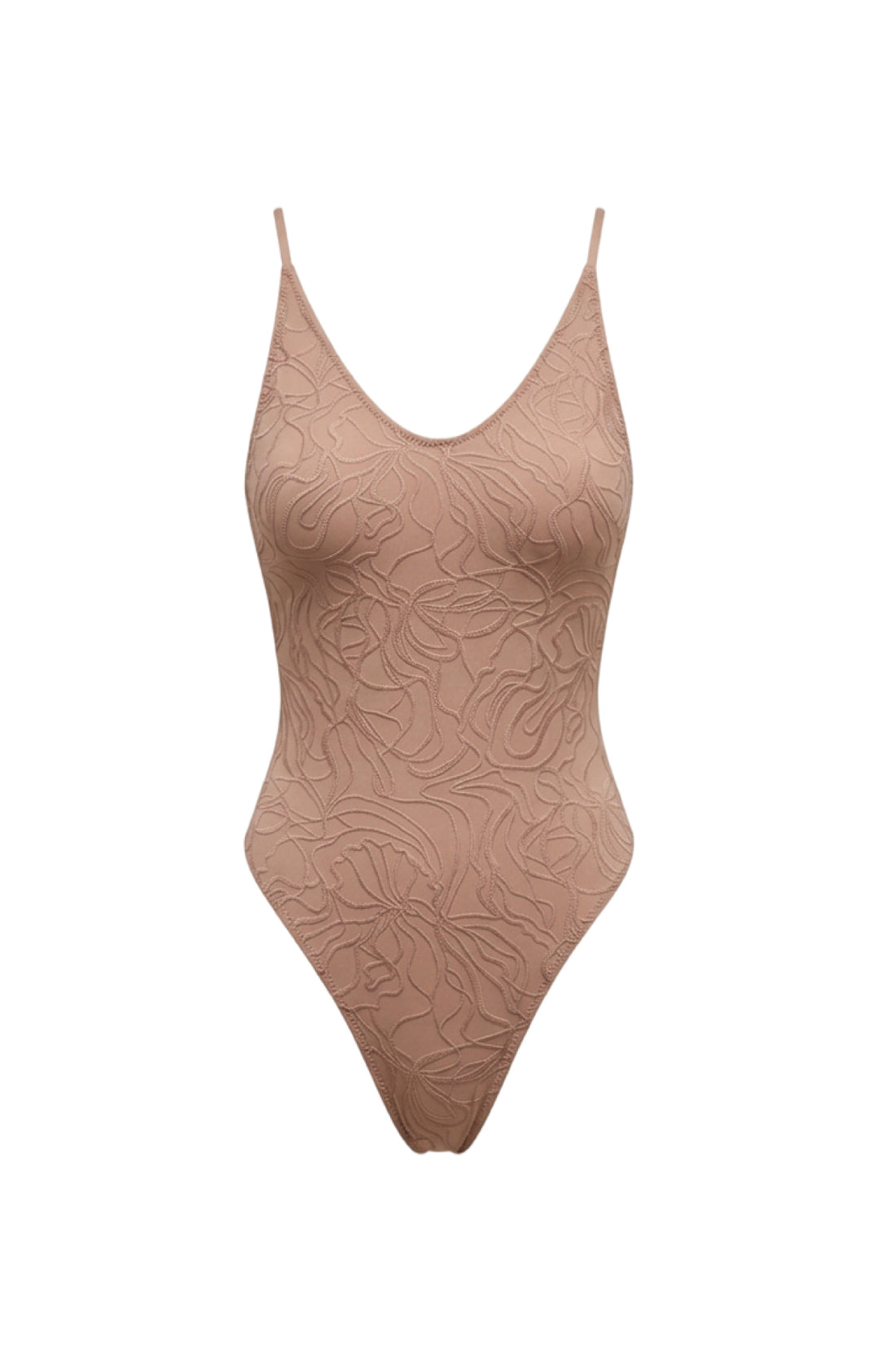 An ivory one-piece latte swimsuit with a textured floral jacquard pattern, featuring thin shoulder straps and a V-neckline, shown against a plain white background.