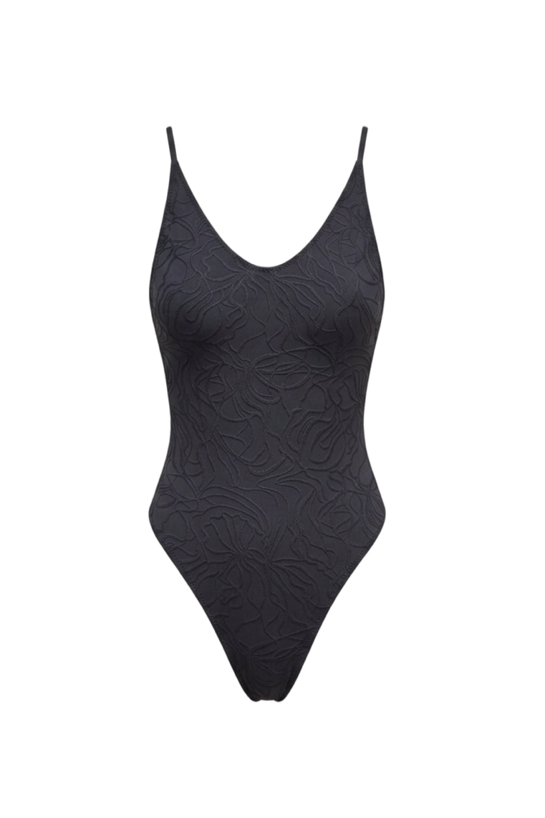 An ivory one-piece black swimsuit with a textured floral jacquard pattern, featuring thin shoulder straps and a V-neckline, shown against a plain white background.