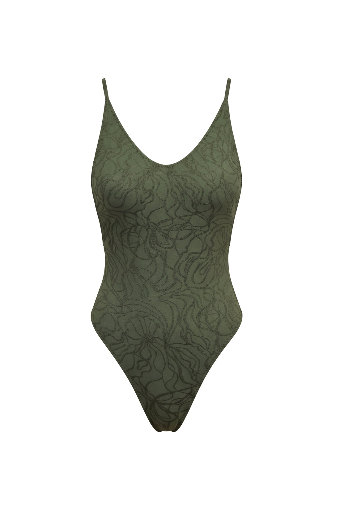 An ivory one-piece swimsuit with a textured floral jacquard pattern, featuring thin shoulder straps and a V-neckline, shown against a plain white background.