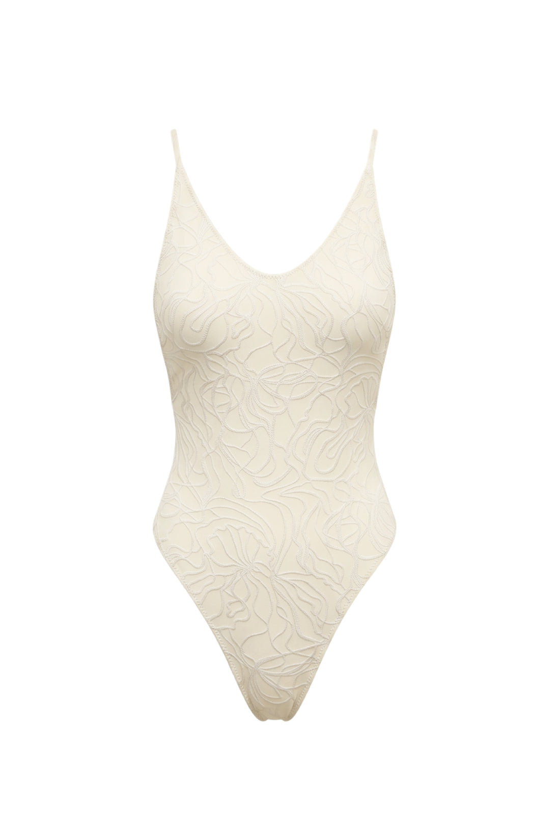 An ivory one-piece swimsuit with a textured floral jacquard pattern, featuring thin shoulder straps and a V-neckline, shown against a plain white background.