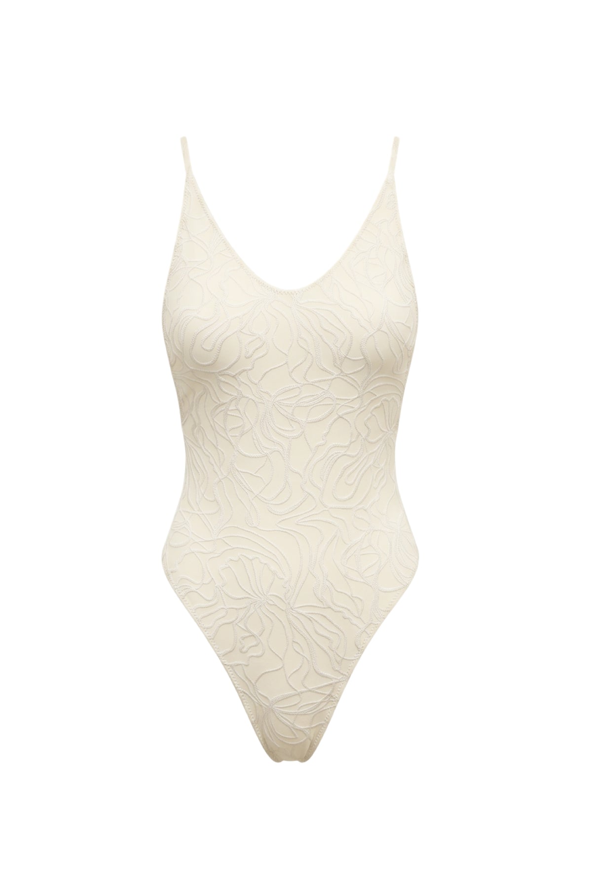 An ivory one-piece swimsuit with a textured floral jacquard pattern, featuring thin shoulder straps and a V-neckline, shown against a plain white background.