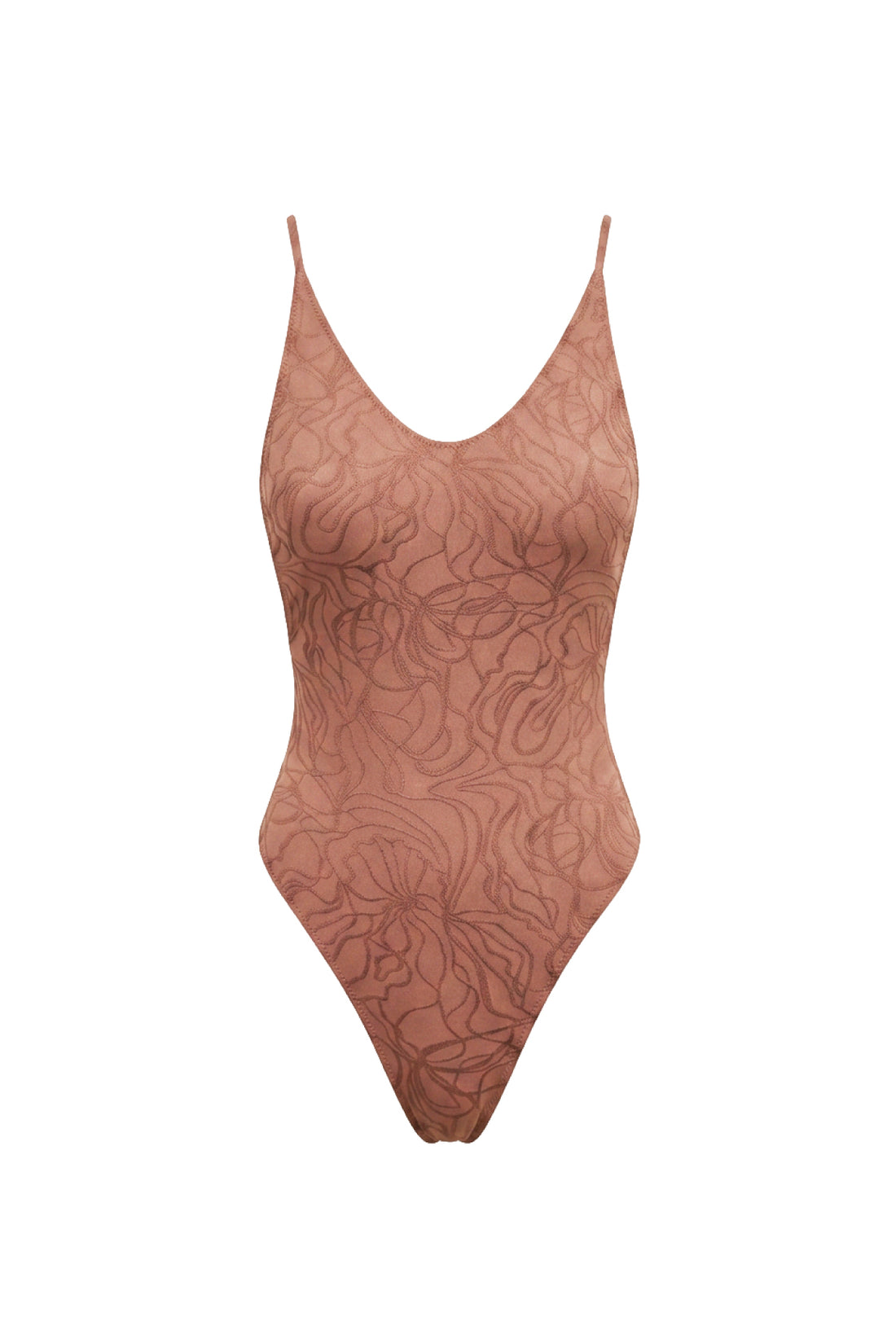 A one-piece swimsuit in a dusty rose or terracotta color, featuring an all-over tonal floral pattern and thin shoulder straps, shown against a plain white background.