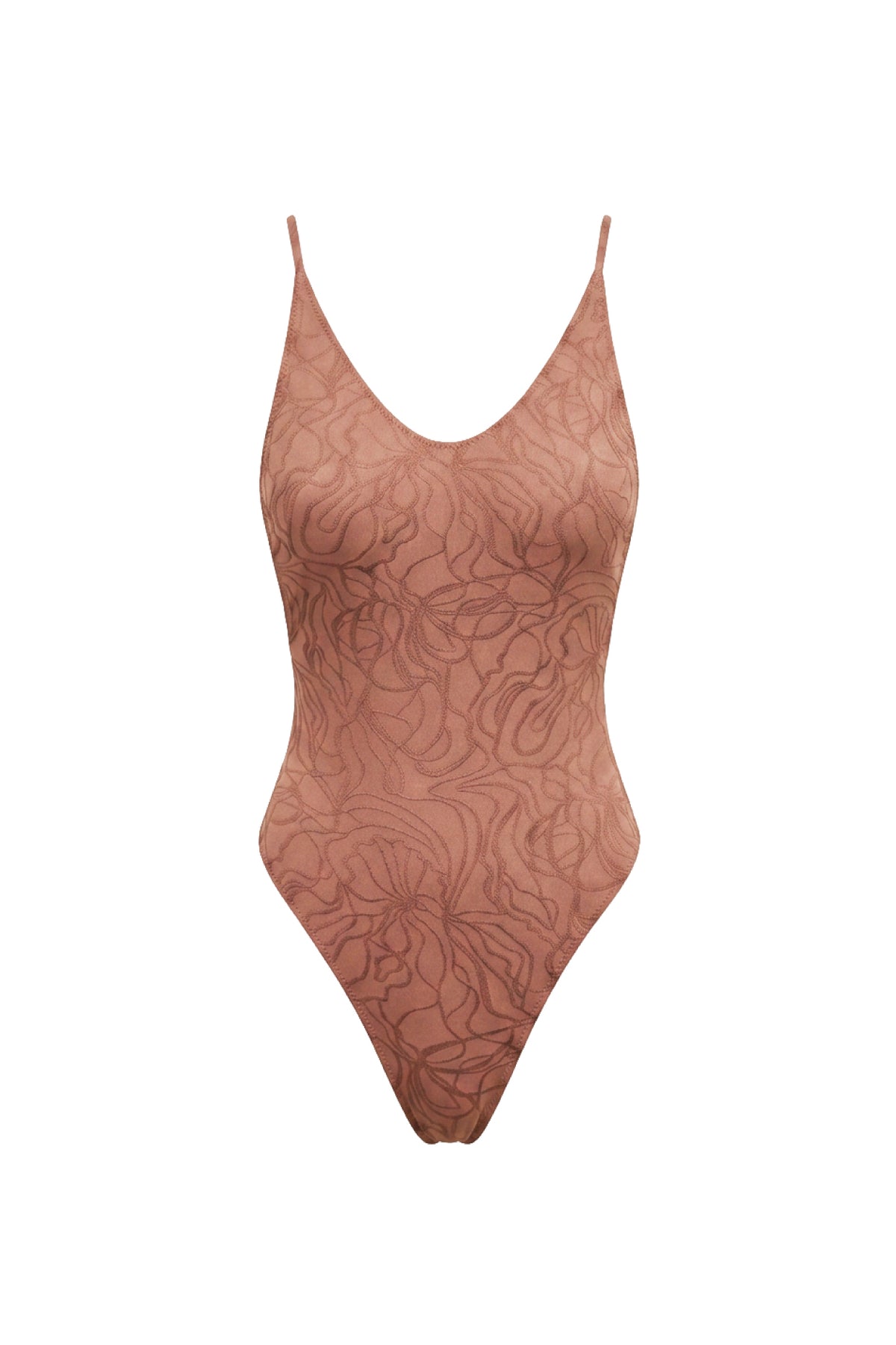 A one-piece swimsuit in a dusty rose or terracotta color, featuring an all-over tonal floral pattern and thin shoulder straps, shown against a plain white background.