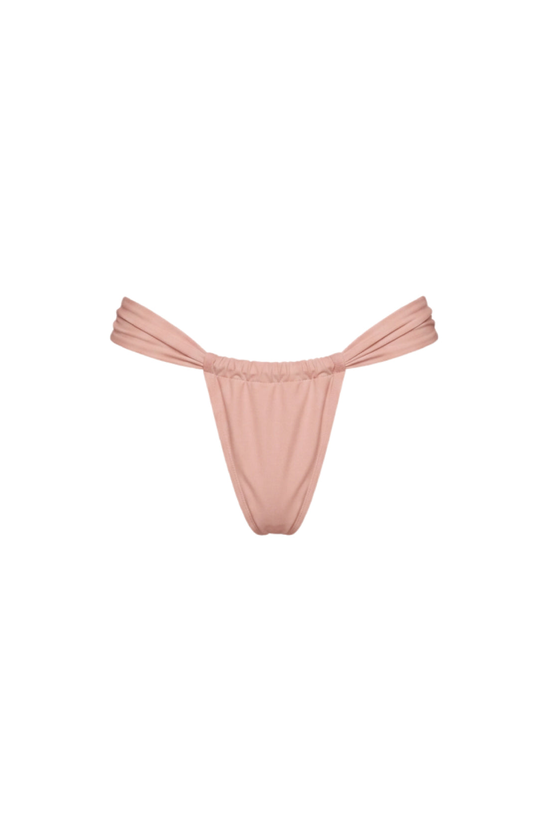 A dusty pink thong-style bikini bottom with a gathered waistband, shown flat against a solid white background.