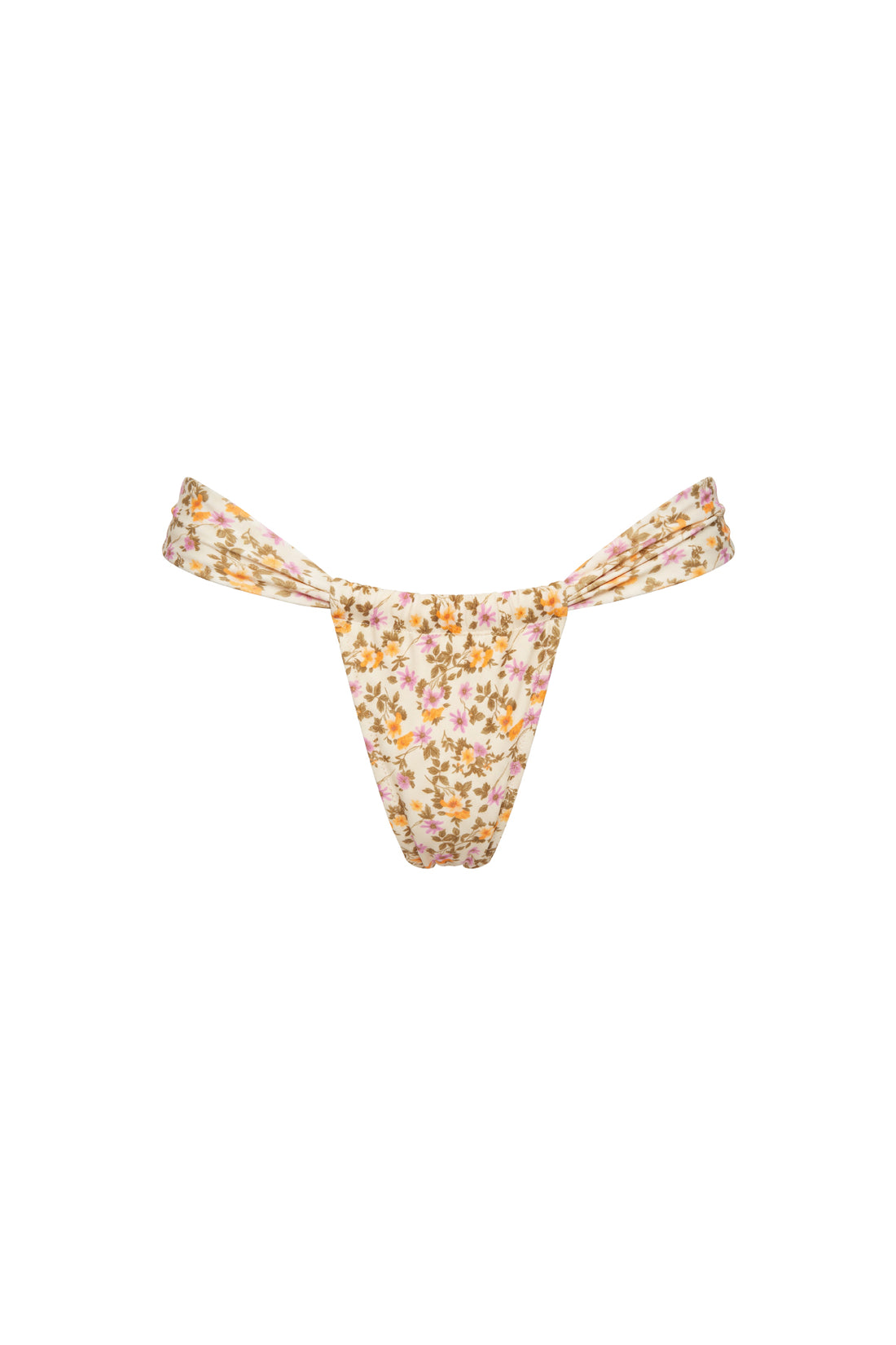 A thong-style bikini bottom with a small-scale floral print in pink, orange, and green on a light beige background, shown against a plain white studio background.