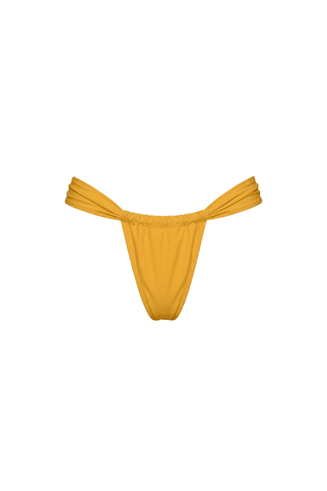 A pair of low-rise, thong-style bikini bottoms in a solid mustard yellow color, shown flat against a plain white background.