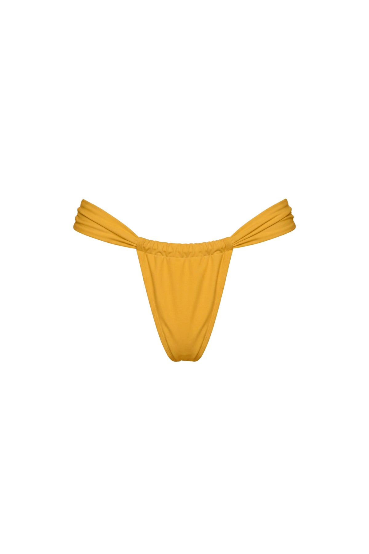 A pair of low-rise, thong-style bikini bottoms in a solid mustard yellow color, shown flat against a plain white background.