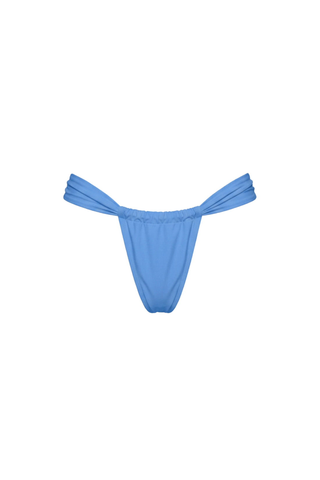 A light blue thong-style bikini bottom with a low-rise silhouette and wide shoulder straps, shown flat against a solid white background.