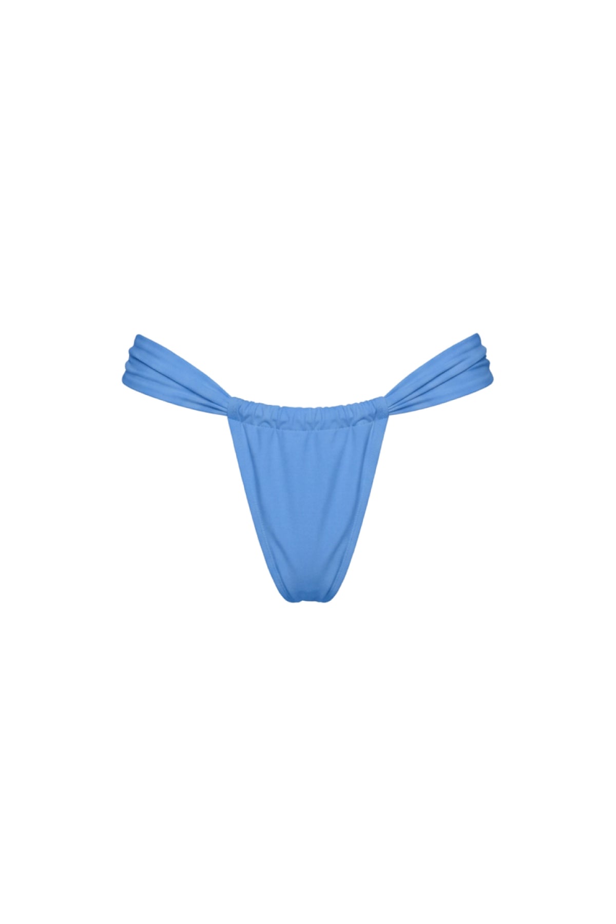 A light blue thong-style bikini bottom with a low-rise silhouette and wide shoulder straps, shown flat against a solid white background.