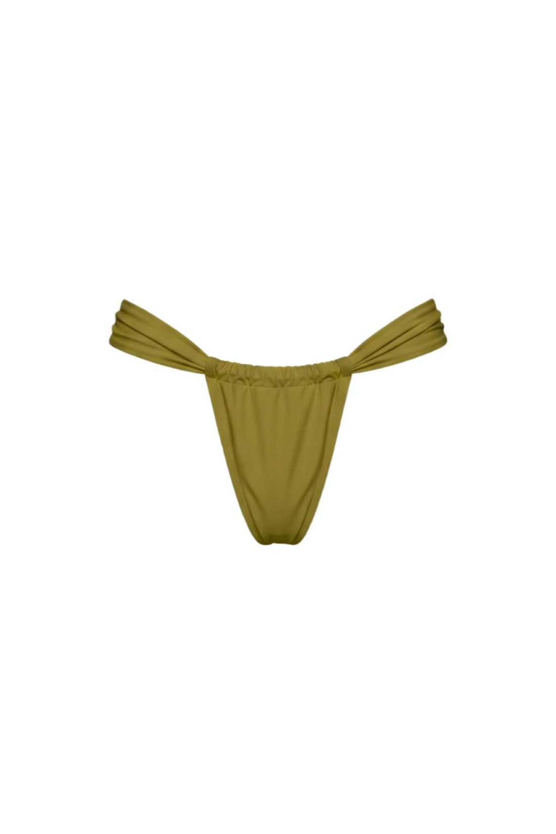 An olive green thong-style bikini bottom with a low-rise silhouette and wide shoulder straps, shown flat against a solid white background.