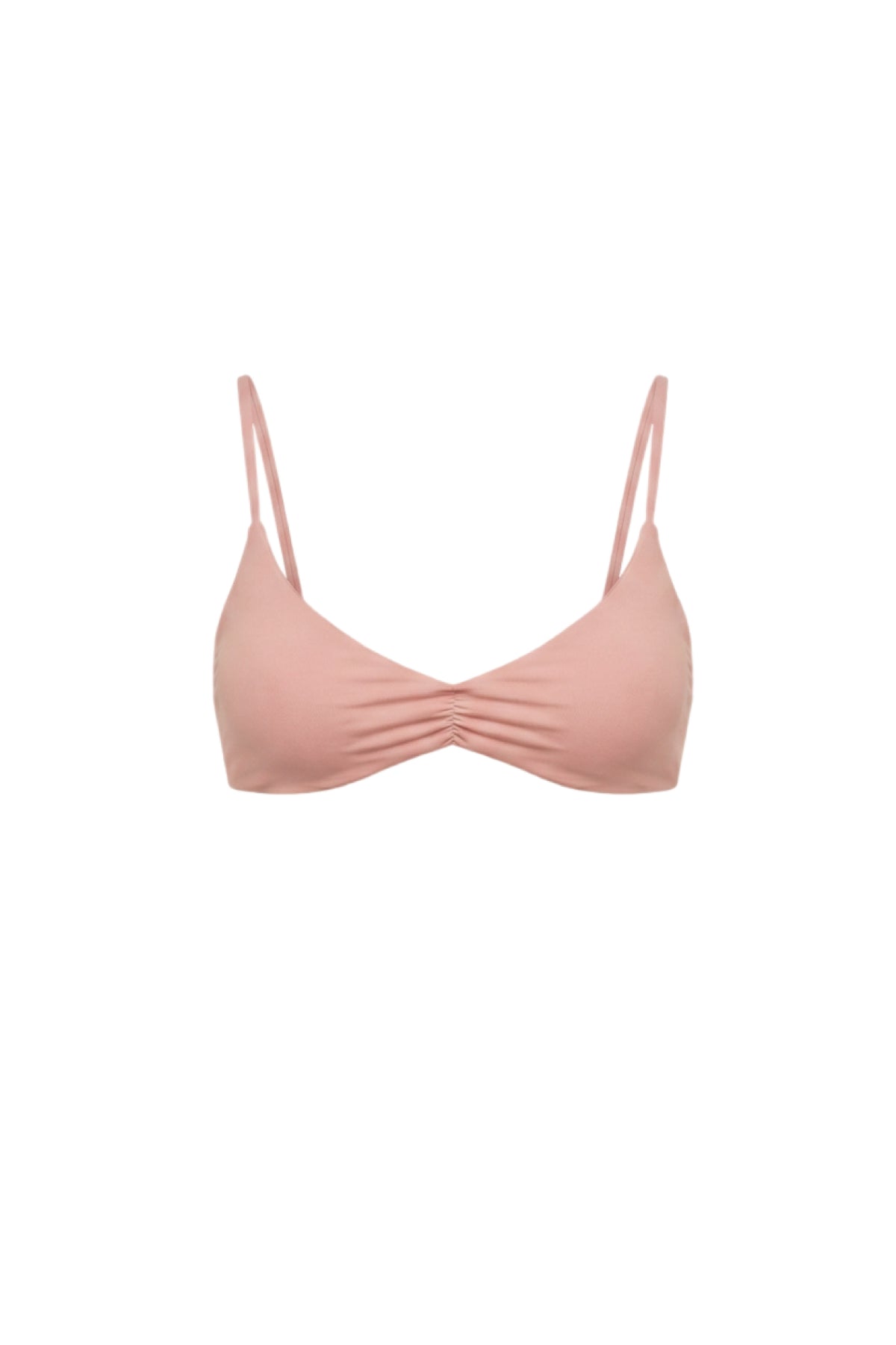A dusty pink bikini top with thin shoulder straps and a gathered, ruched center front, presented on a solid white background.
