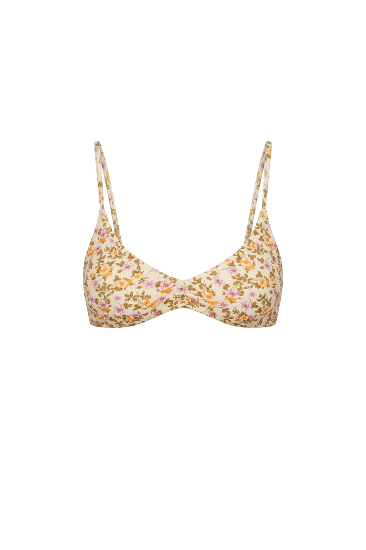A floral triangle bikini top with thin straps, featuring a dense print of pink, orange, and green flowers on a light beige background, shown against a plain white studio background.