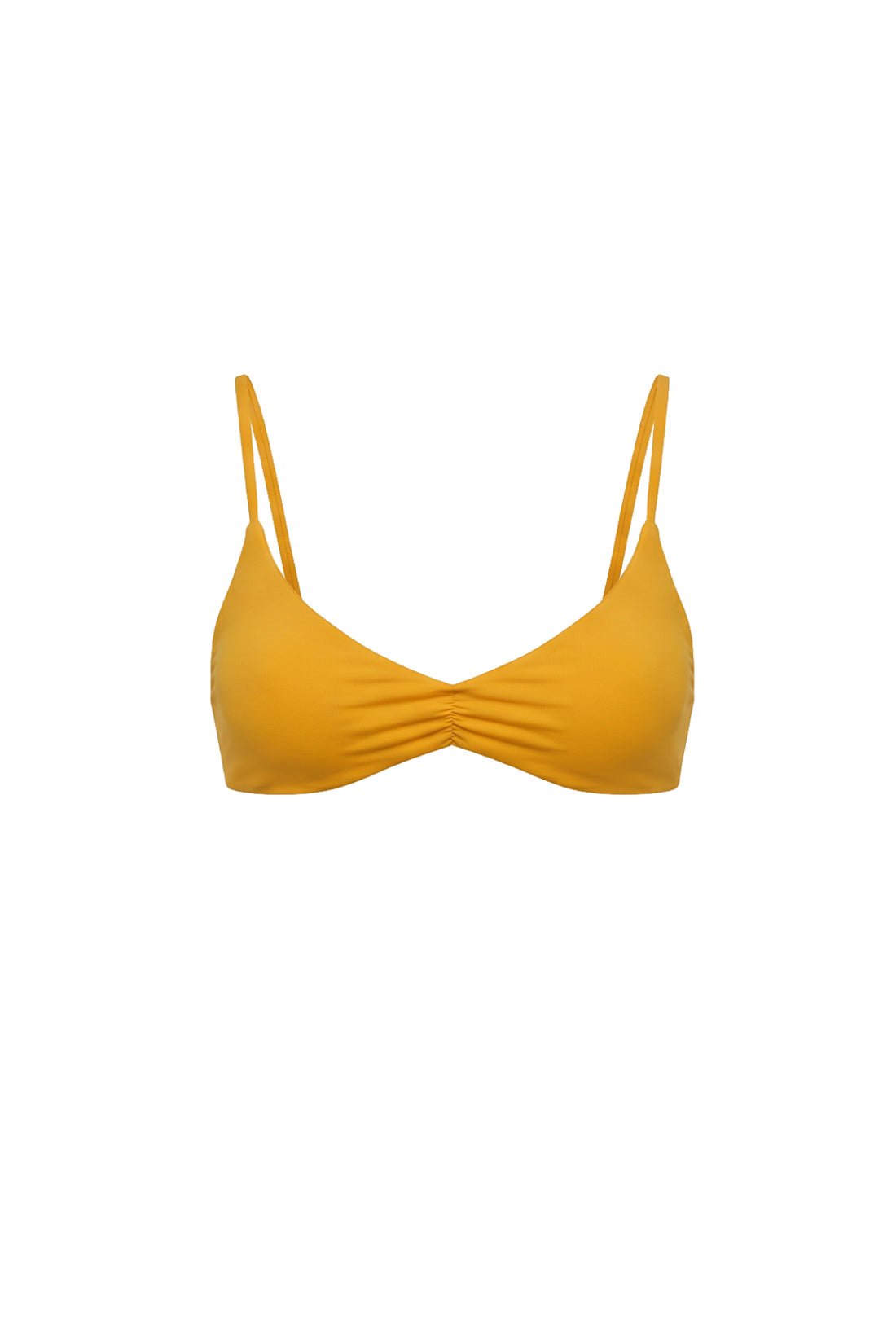 A mustard yellow bikini top with thin shoulder straps and a gathered, ruched center front, shown against a plain white background.