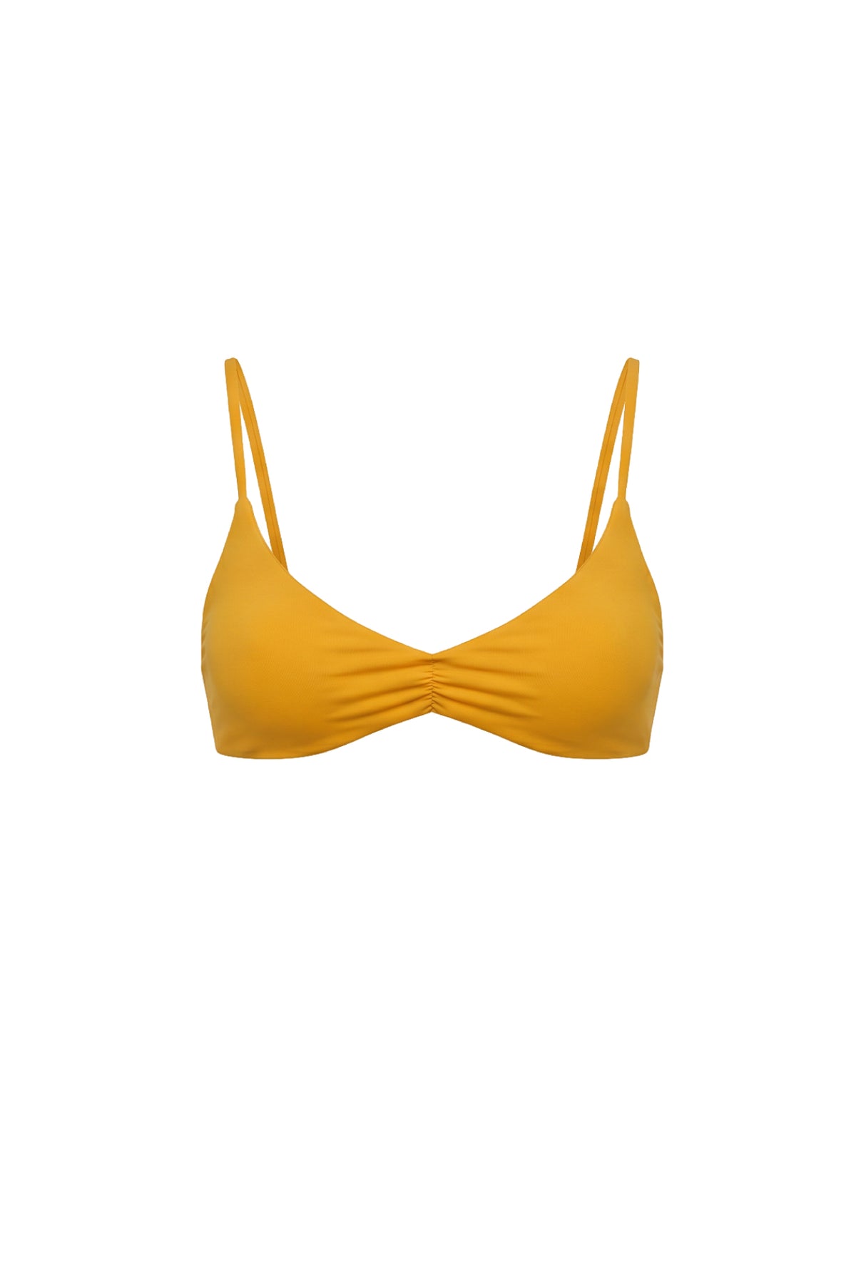 A mustard yellow bikini top with thin shoulder straps and a gathered, ruched center front, shown against a plain white background.