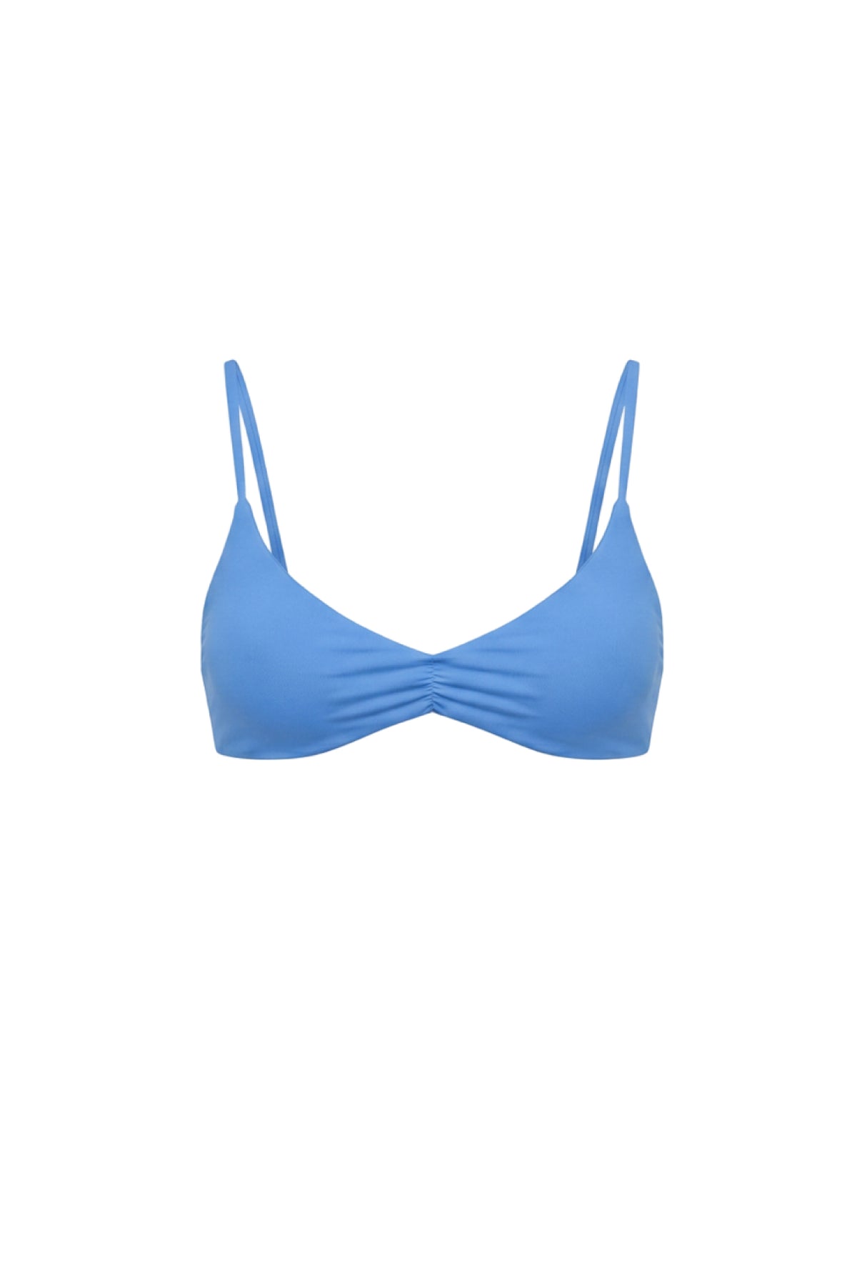 An blue bikini top with thin shoulder straps and a gathered, ruched center front, shown against a plain white background.