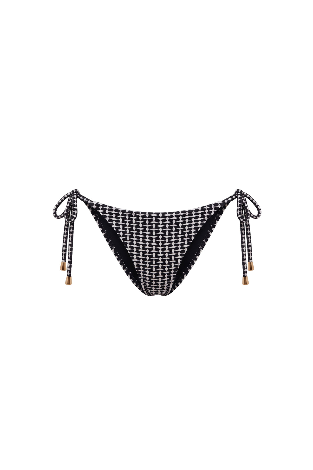 Black and white patterned string bikini bottom with side ties and small gold-toned end accents, shown on a plain white background.