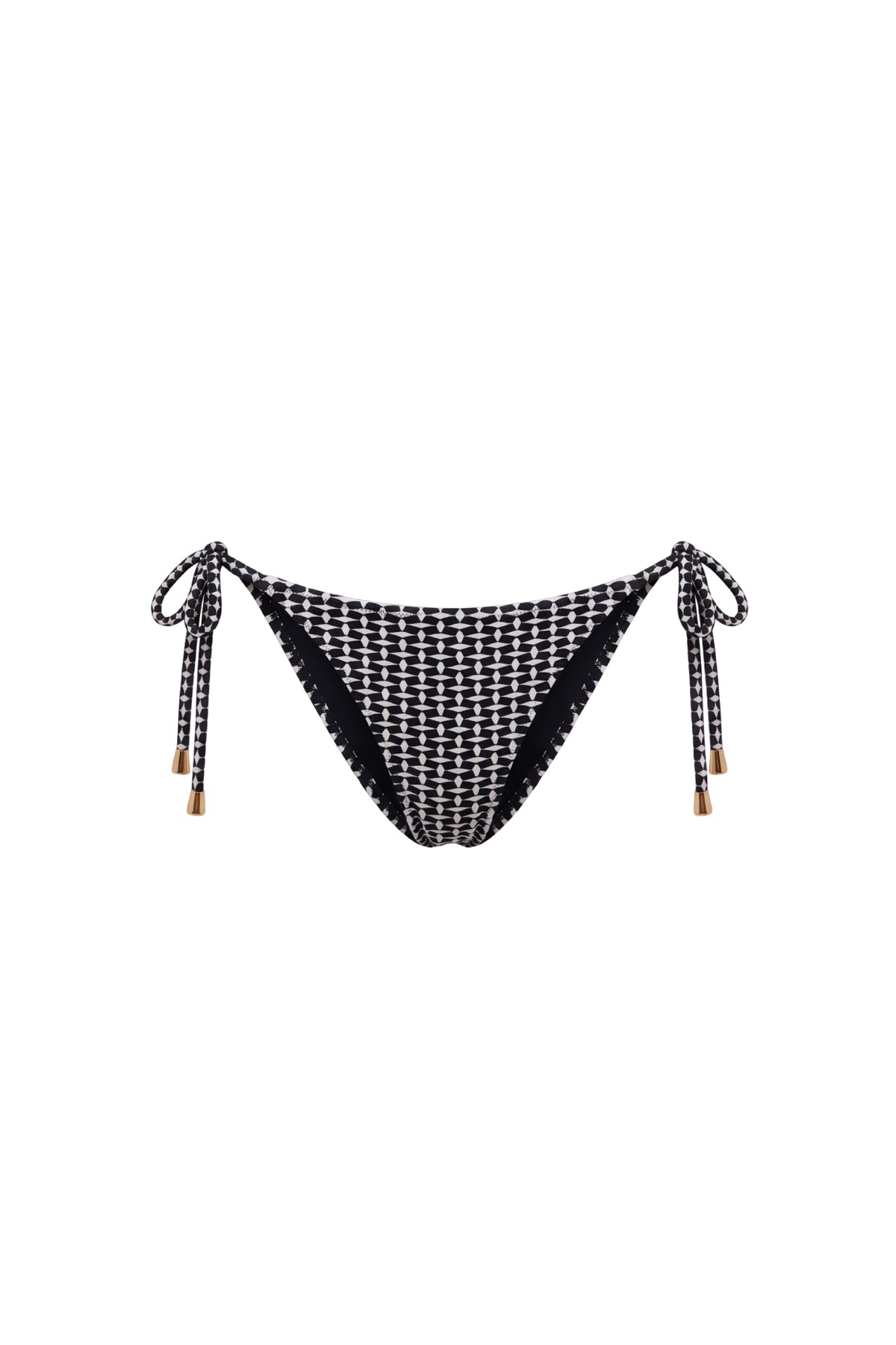 Black and white patterned string bikini bottom with side ties and small gold-toned end accents, shown on a plain white background.