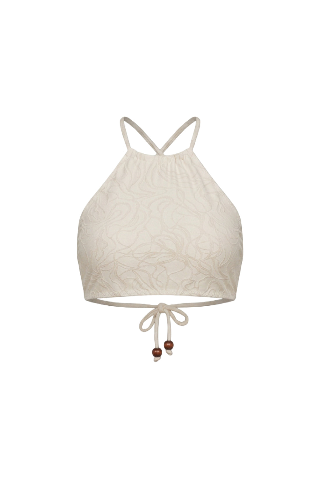 An off-white lace halter crop top with a subtle floral lace pattern, featuring thin adjustable tie straps at the bottom and thin crossover straps at the top, shown on a plain white background.