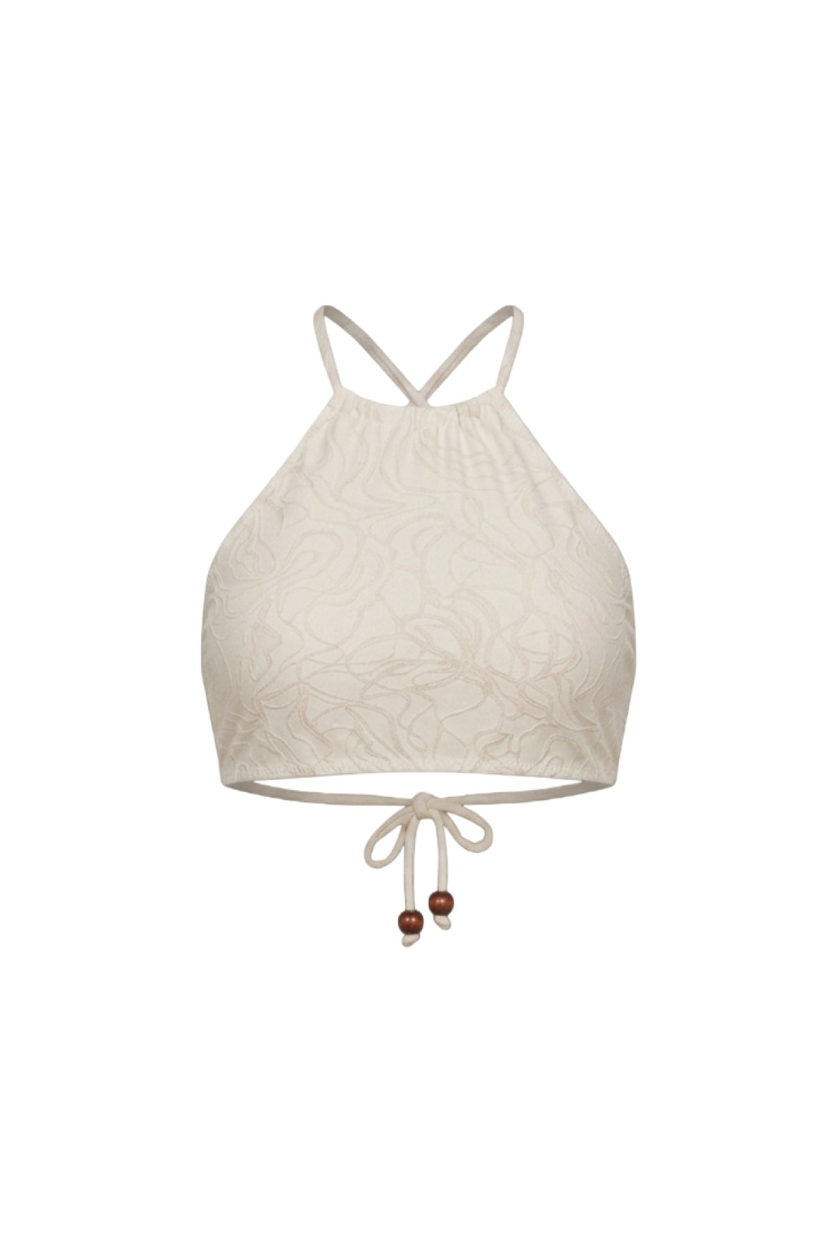 An off-white lace halter crop top with a subtle floral lace pattern, featuring thin adjustable tie straps at the bottom and thin crossover straps at the top, shown on a plain white background.