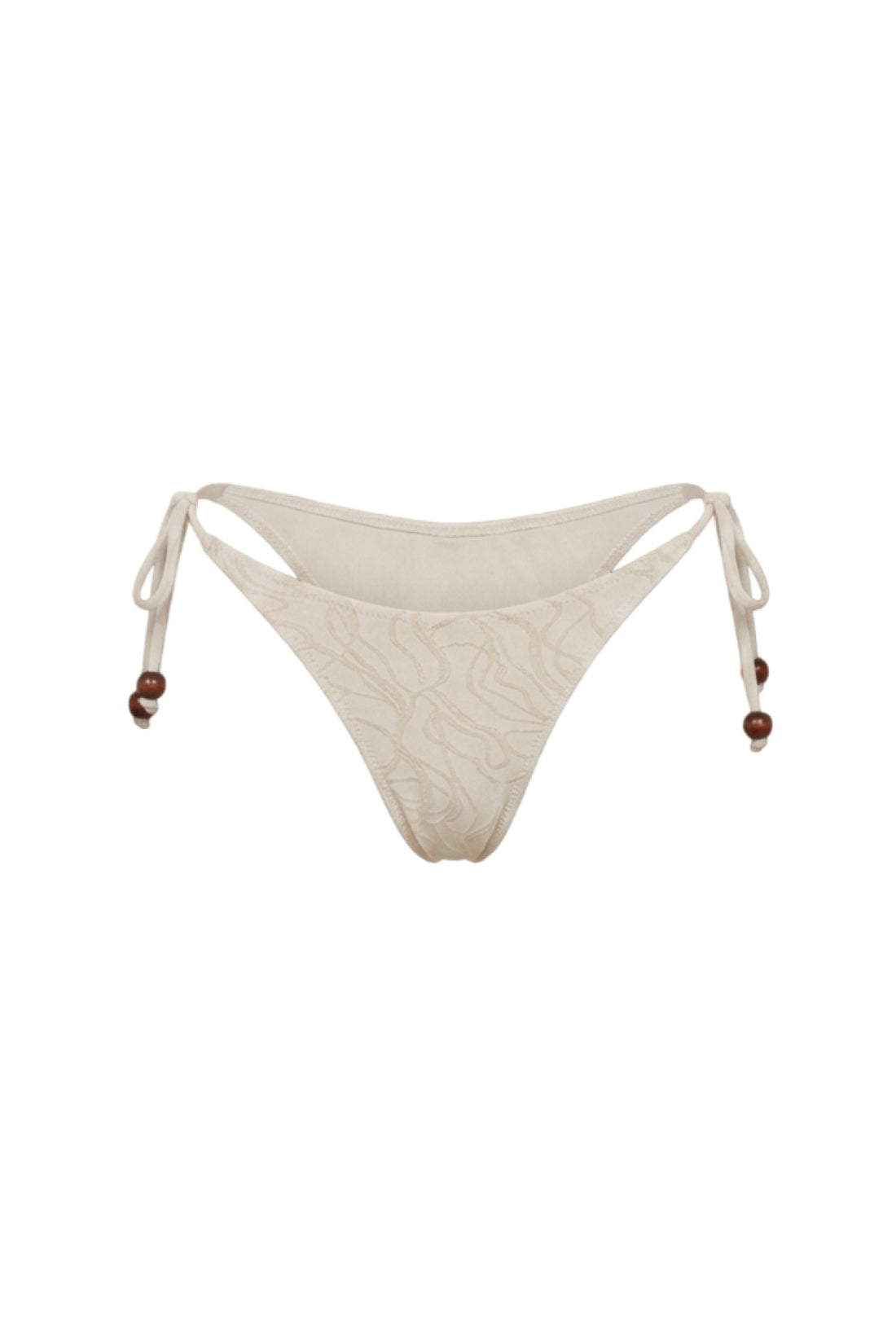 Beige string bikini bottom with a subtle tonal wavy pattern and small brown bead details on the side ties, shown against a plain white background.
