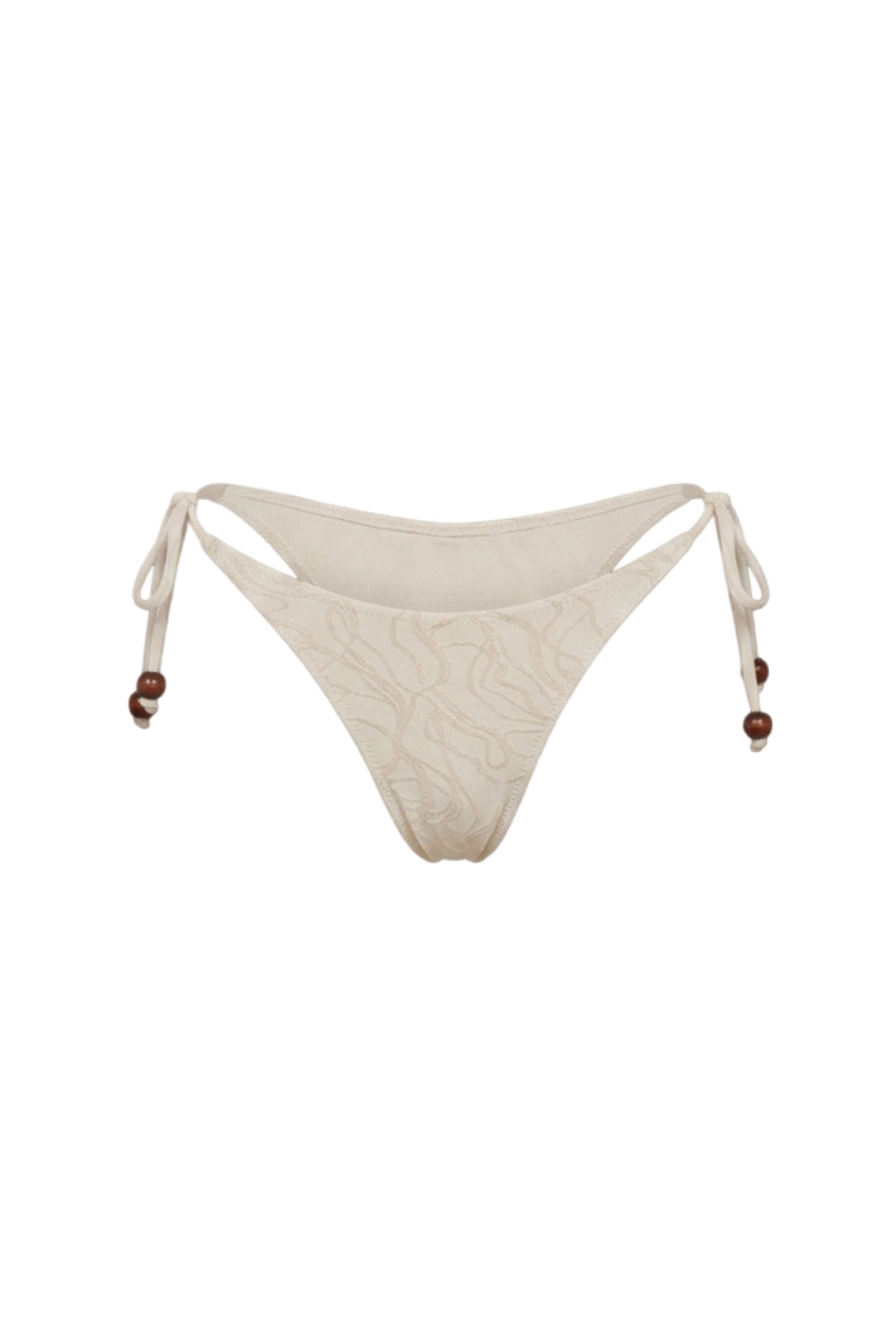 Beige string bikini bottom with a subtle tonal wavy pattern and small brown bead details on the side ties, shown against a plain white background.
