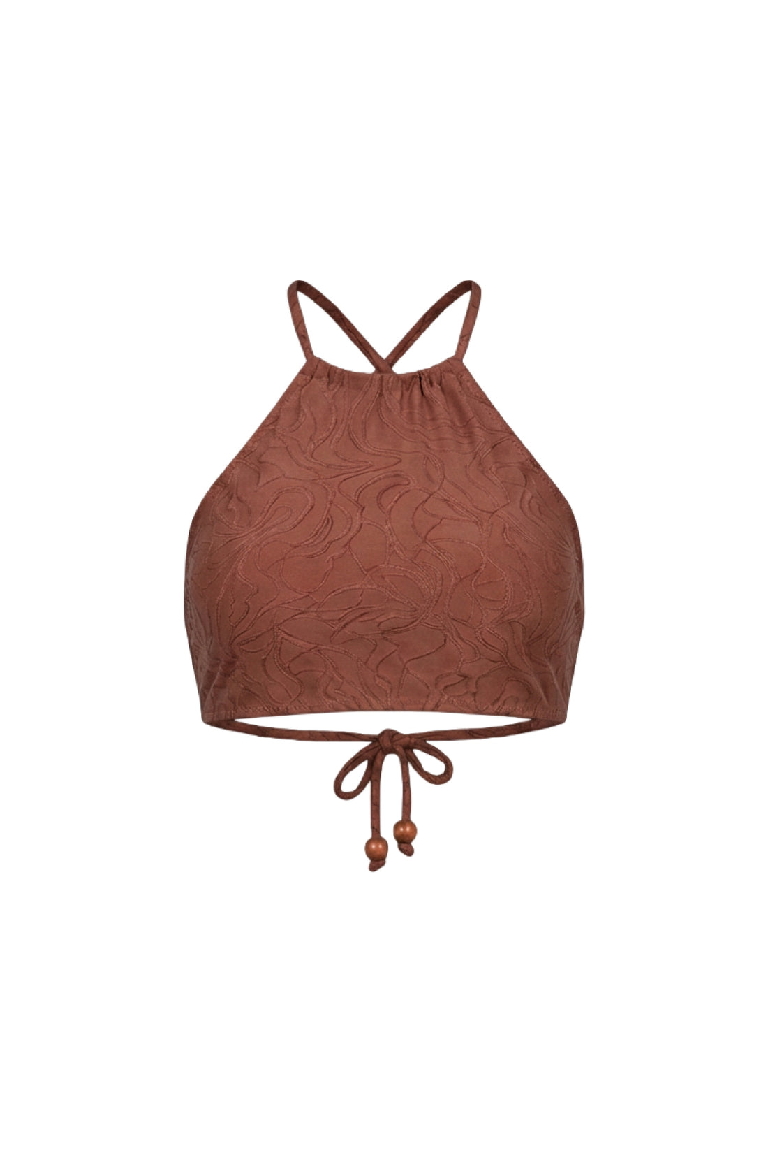 A brown halter bikini top with a textured, embossed wave pattern, featuring thin adjustable shoulder straps and a drawstring tie at the bottom hem.