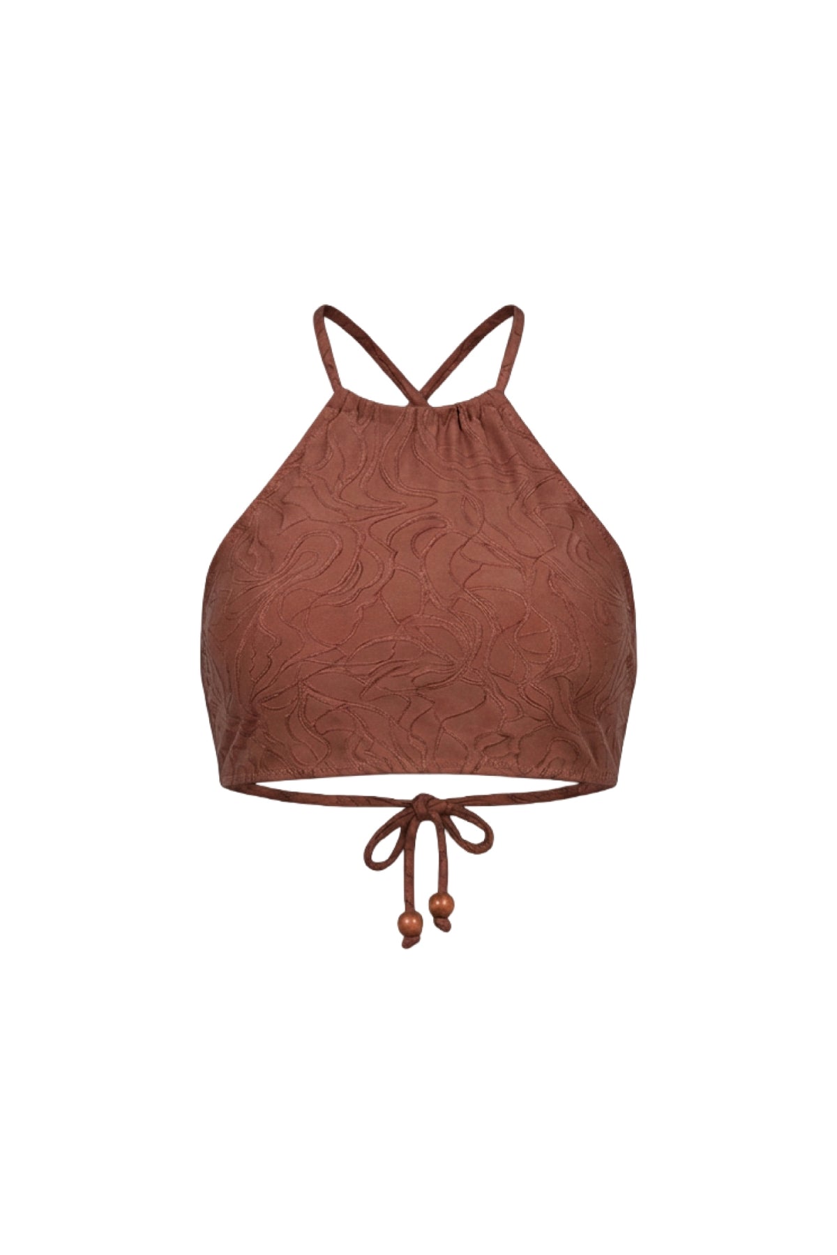 A brown halter bikini top with a textured, embossed wave pattern, featuring thin adjustable shoulder straps and a drawstring tie at the bottom hem.