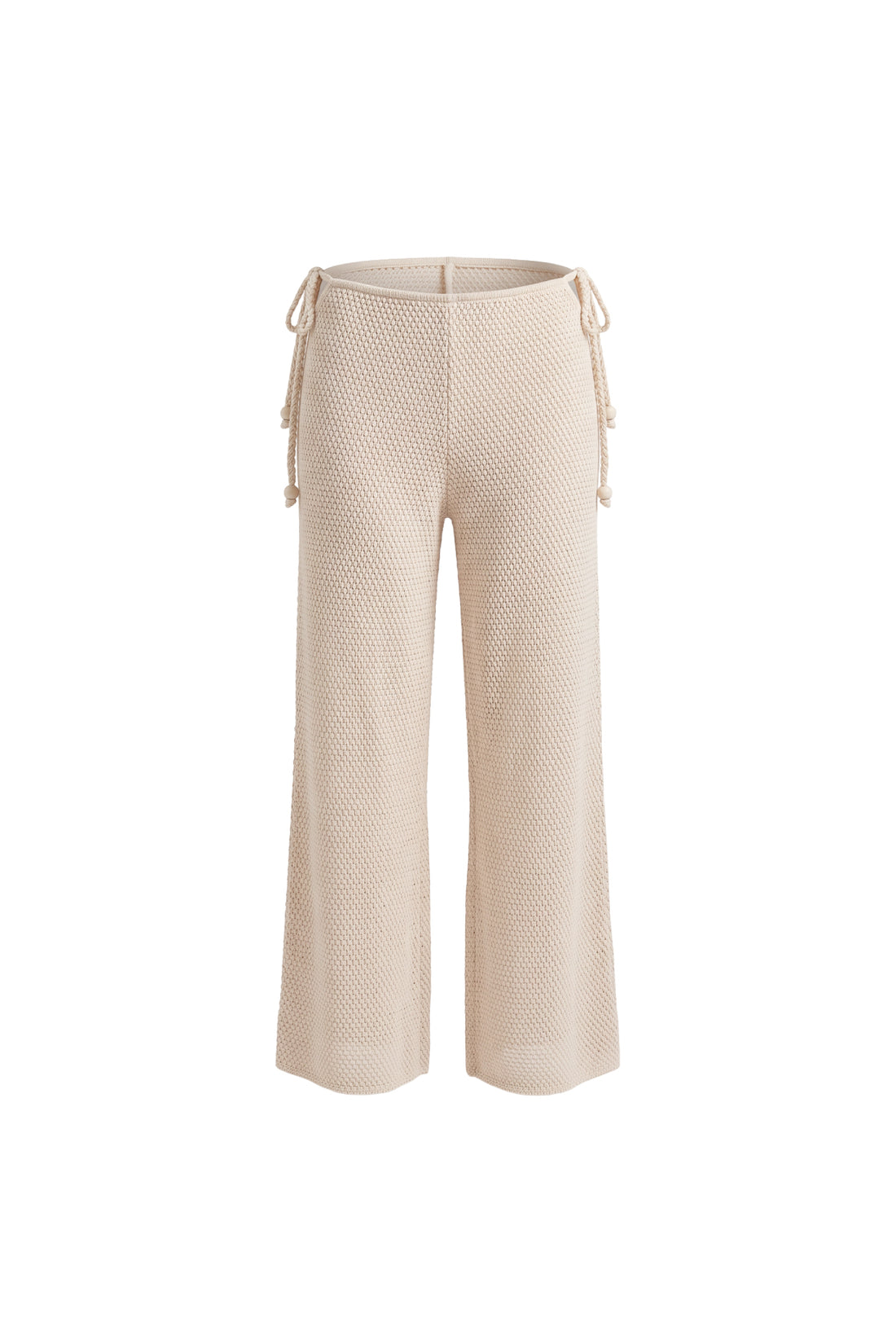 A pair of cropped wide-leg trousers in a textured cream or beige knit fabric, featuring a drawstring waistband, shown against a plain white background.