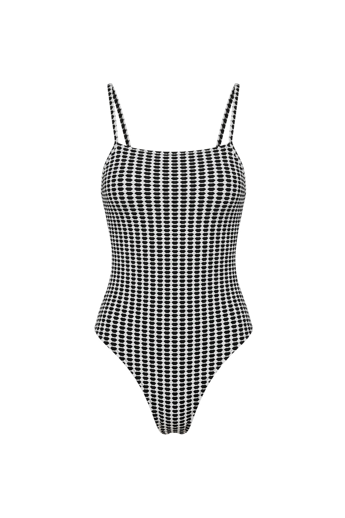 A black and white patterned one-piece swimsuit with thin shoulder straps, shown against a plain white background.
