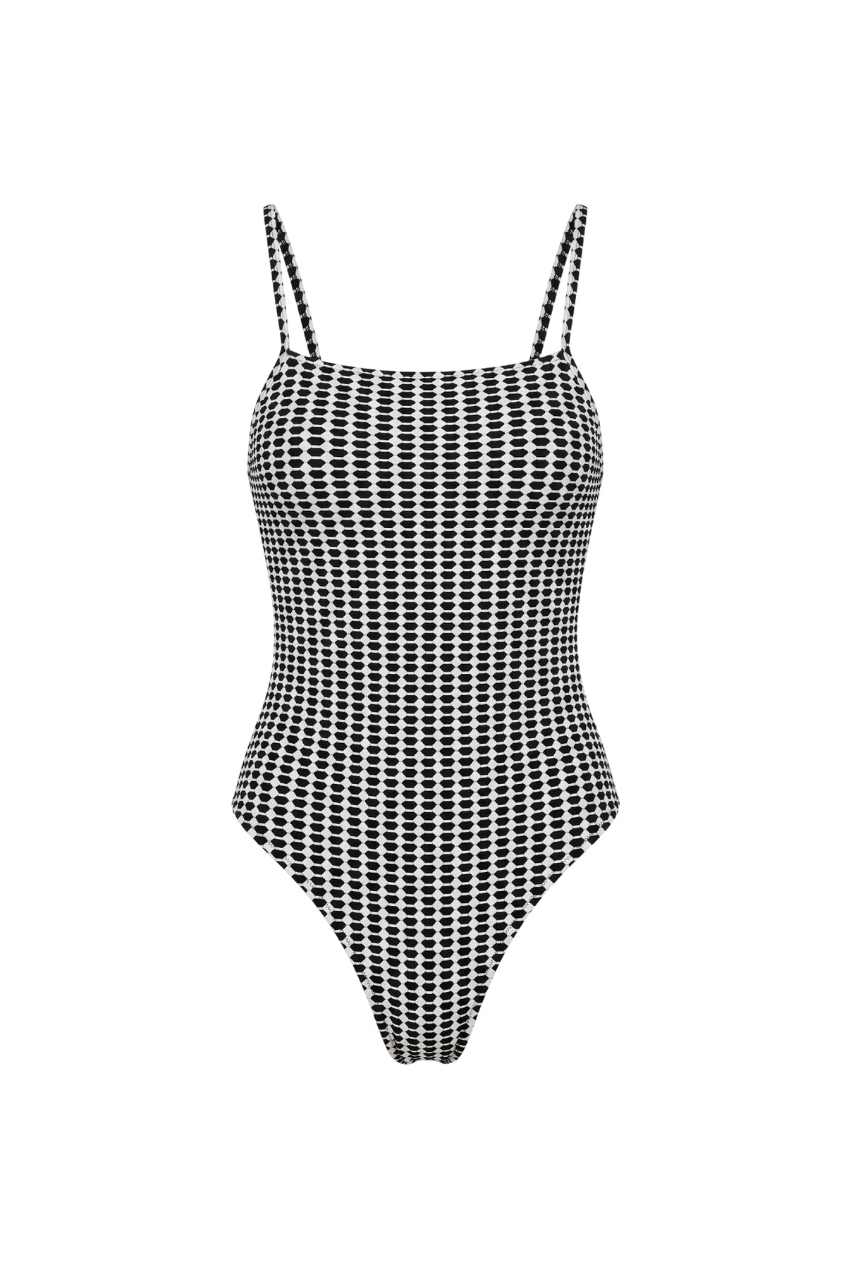 A black and white patterned one-piece swimsuit with thin shoulder straps, shown against a plain white background.