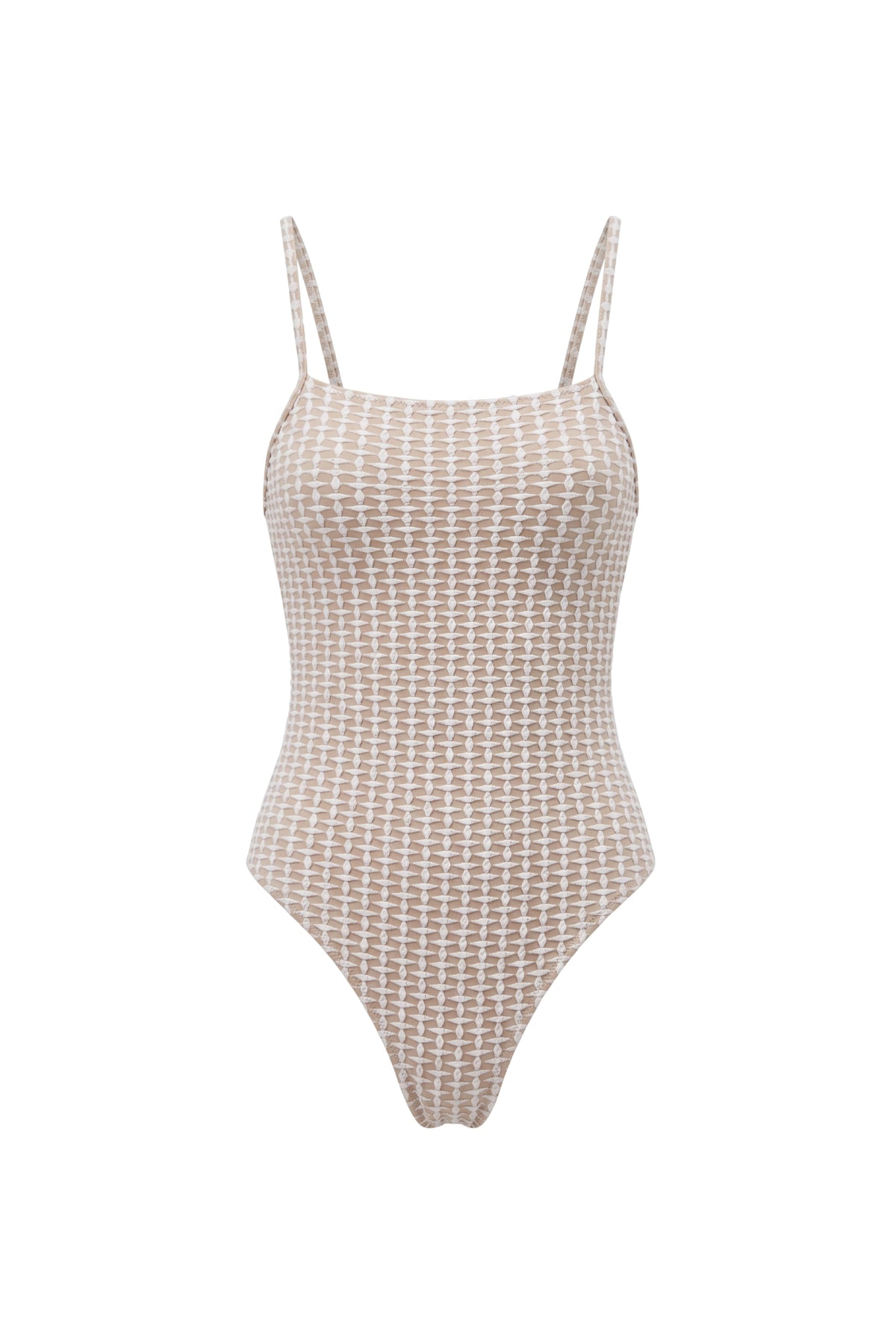 A beige and white textured micro-patterned one-piece swimsuit with thin shoulder straps, shown against a plain white background.